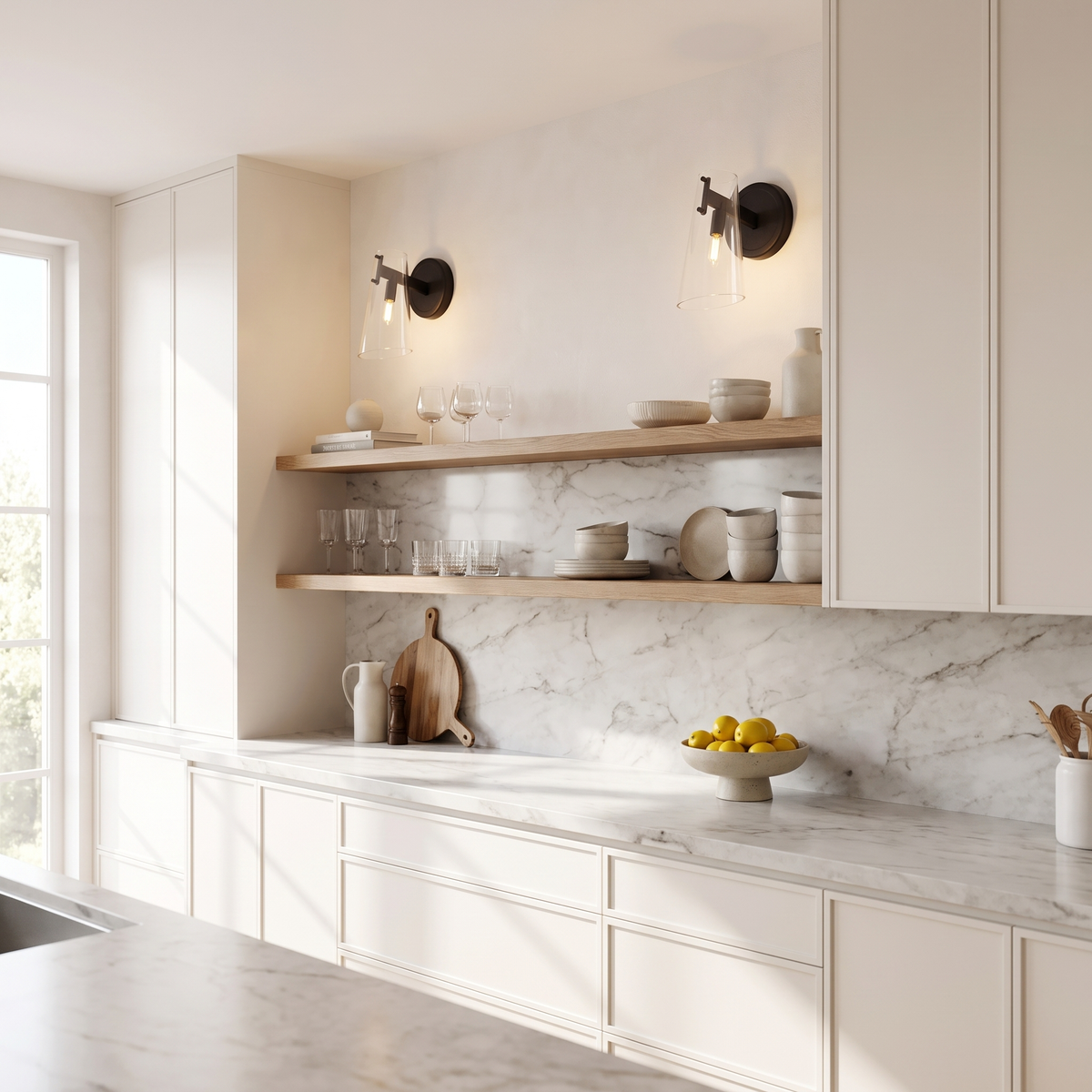 Clear glass cone wall sconces above oak open shelves in a bright marble kitchen