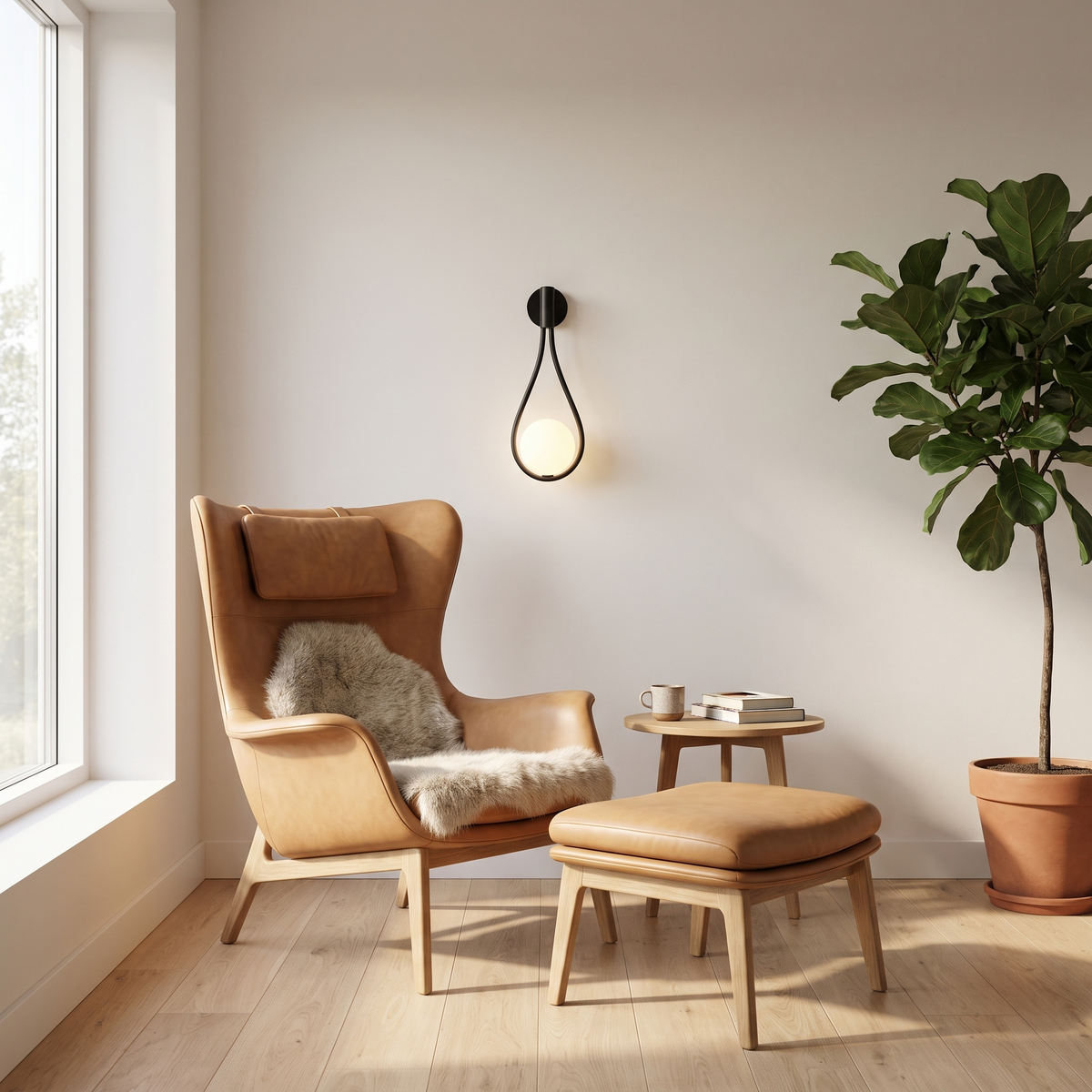 Black teardrop globe wall sconce above a leather lounge chair in a bright reading corner