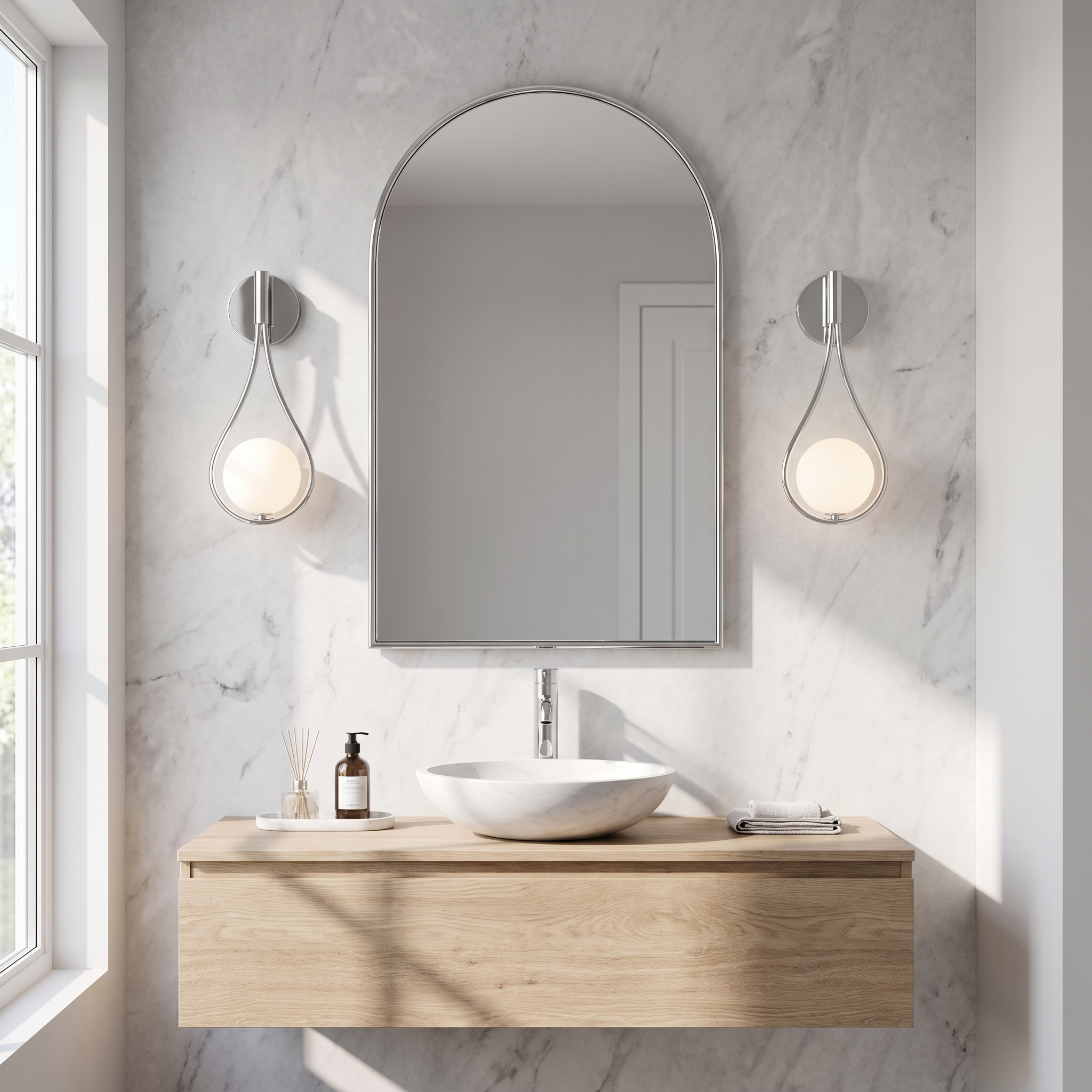 Polished silver globe wall sconces either side of an arched mirror in a marble powder room