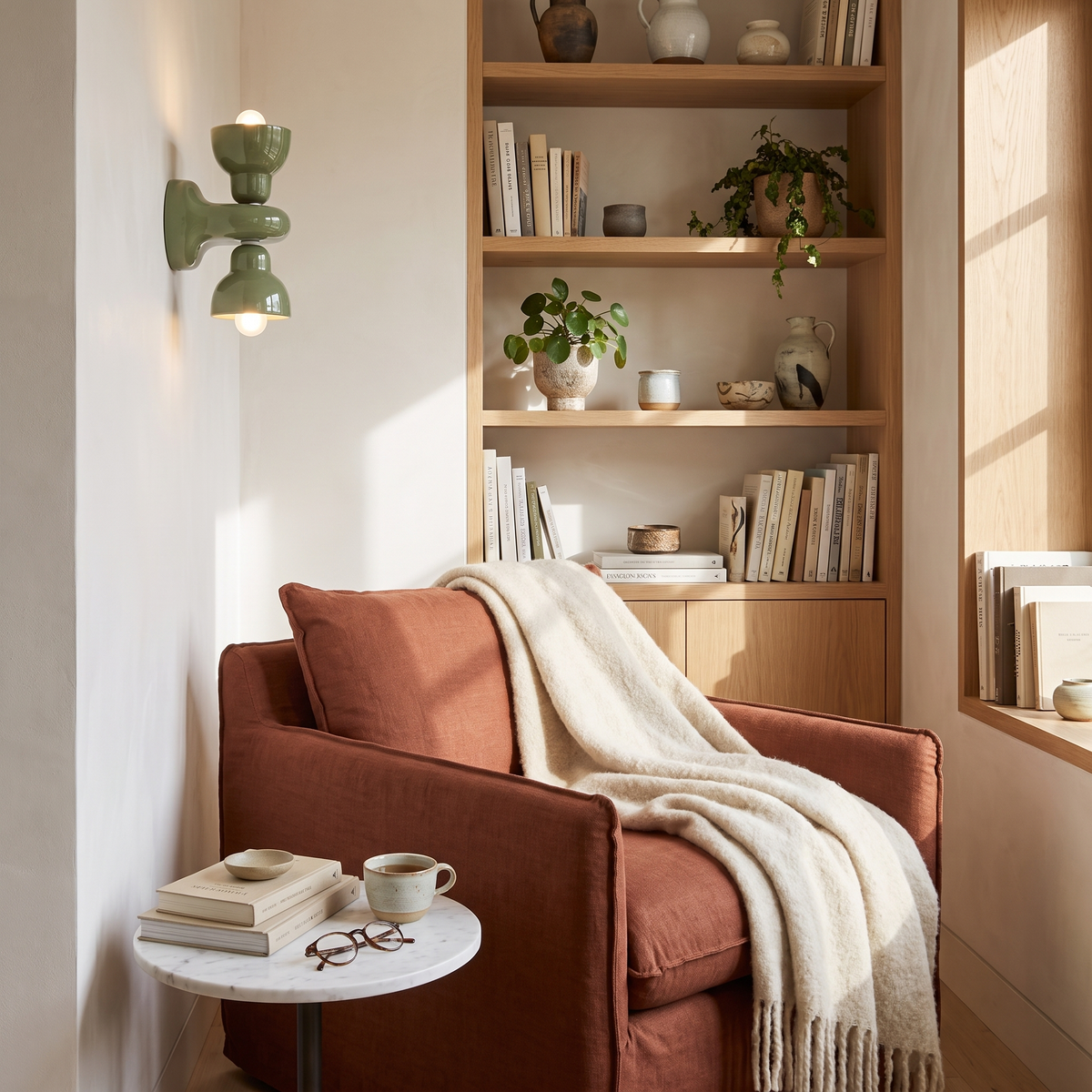 Sage green ceramic wall sconce lighting a cozy reading nook
