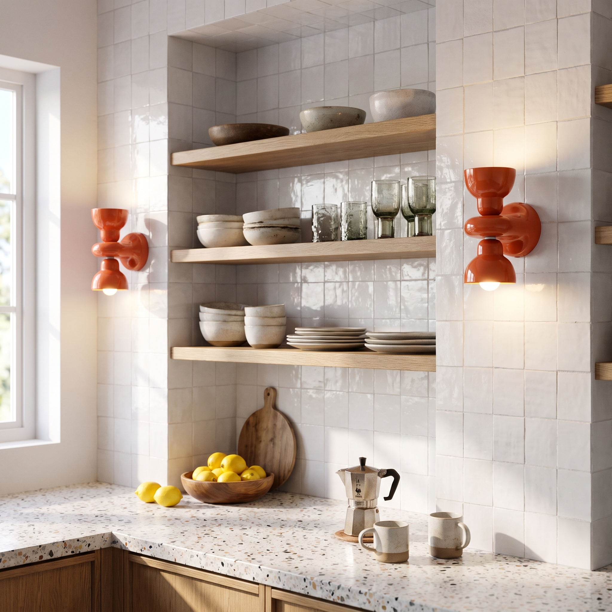 Orange ceramic wall sconce above a modern kitchen counter