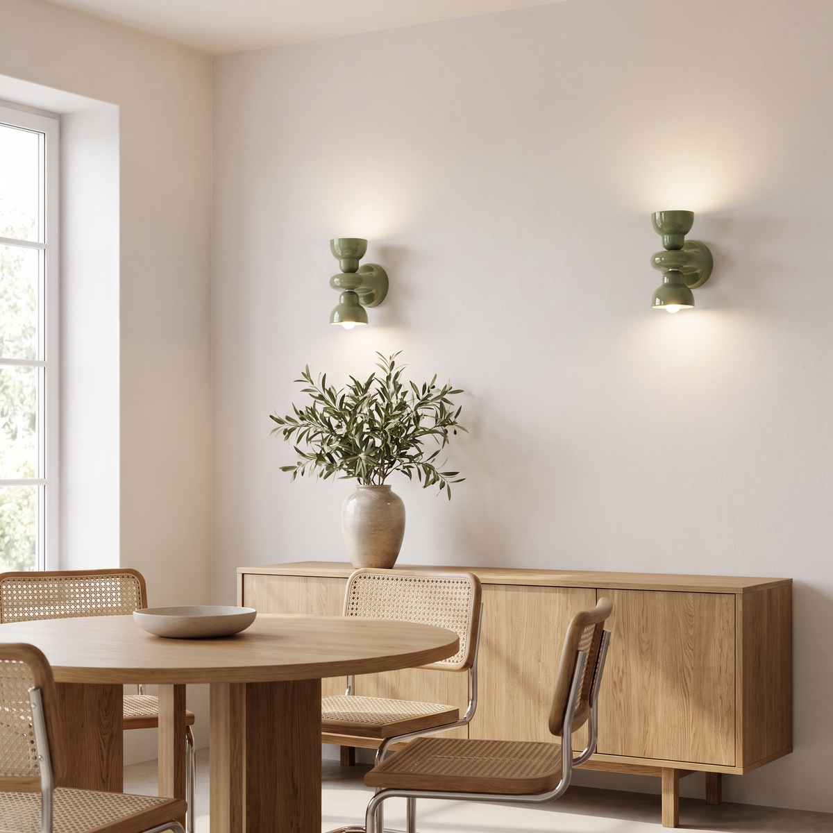 Sage green ceramic wall sconces in an elegant dining room