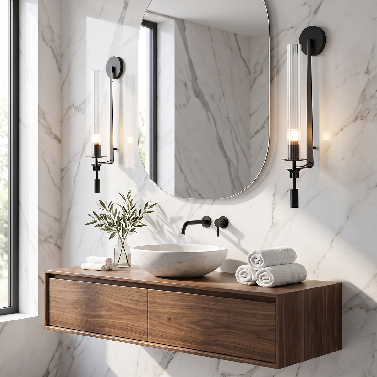 Black ribbed glass wall sconces either side of a bathroom mirror on marble