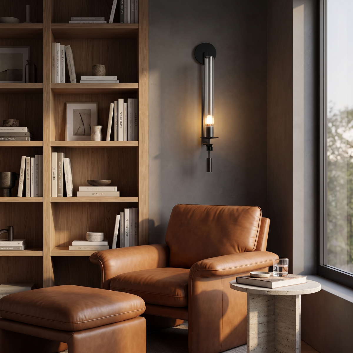 Black ribbed glass wall sconce above a leather lounge chair in a reading corner