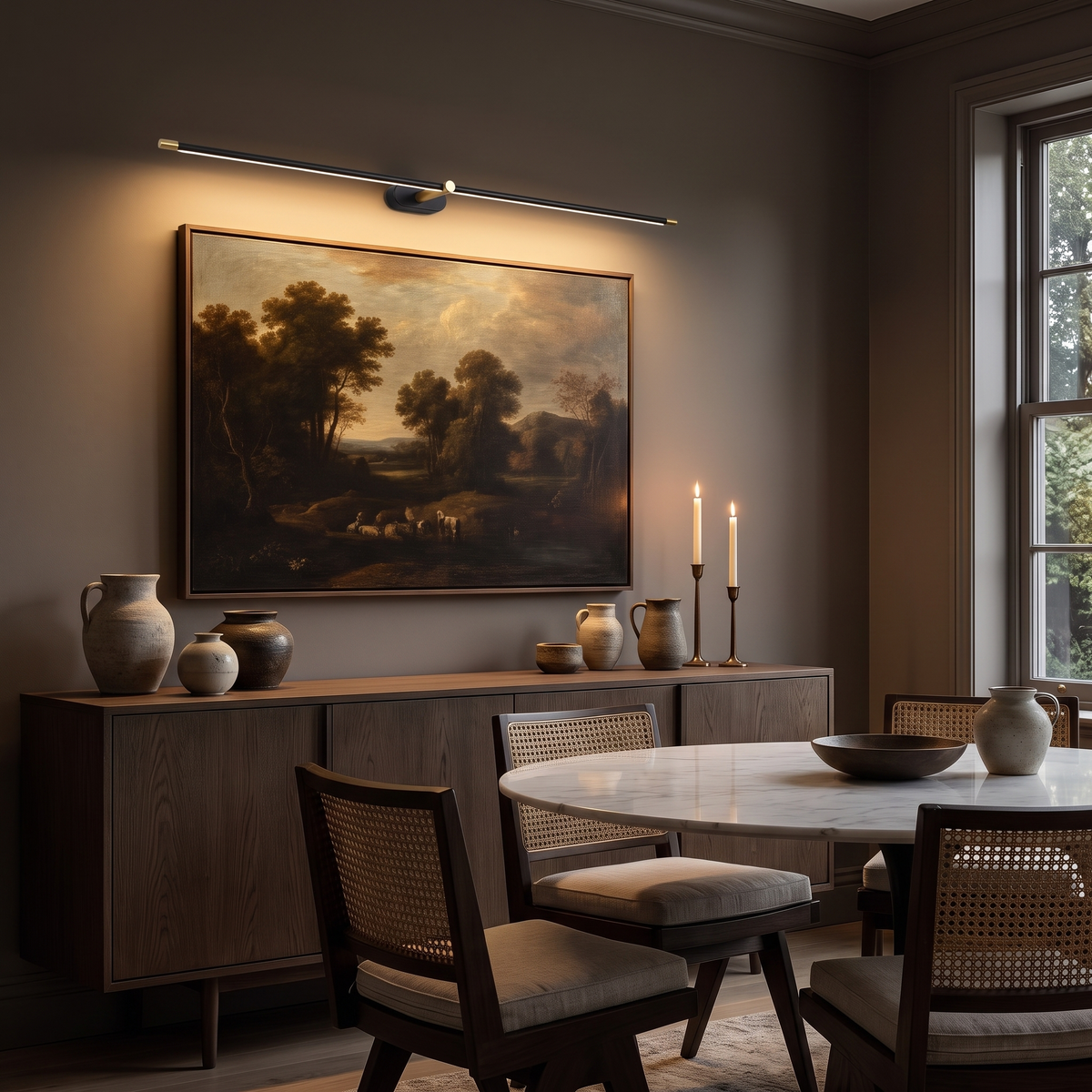 Black and gold picture light over a landscape painting in a dining room