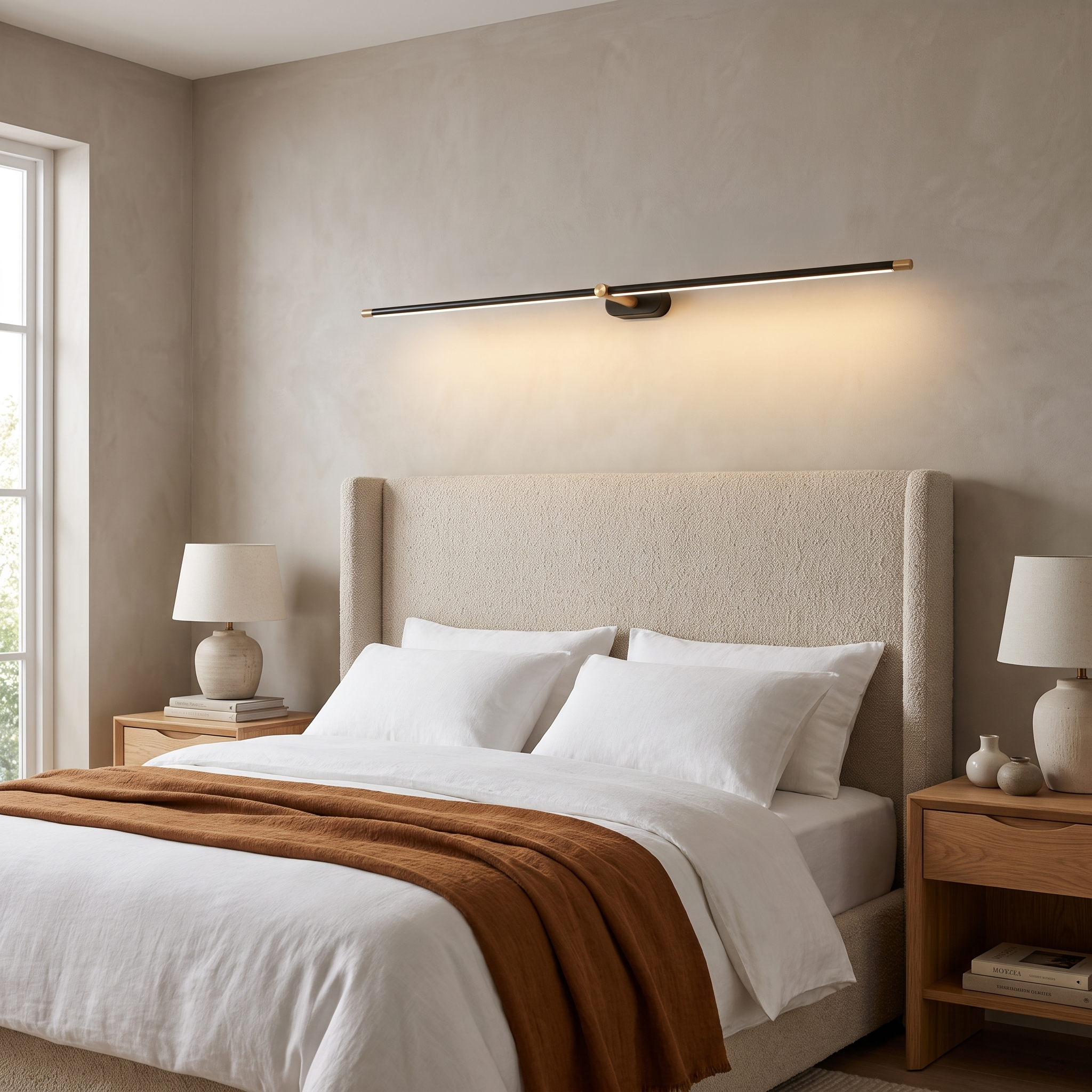 Black and gold cordless LED wall light above an upholstered bed in a serene bedroom
