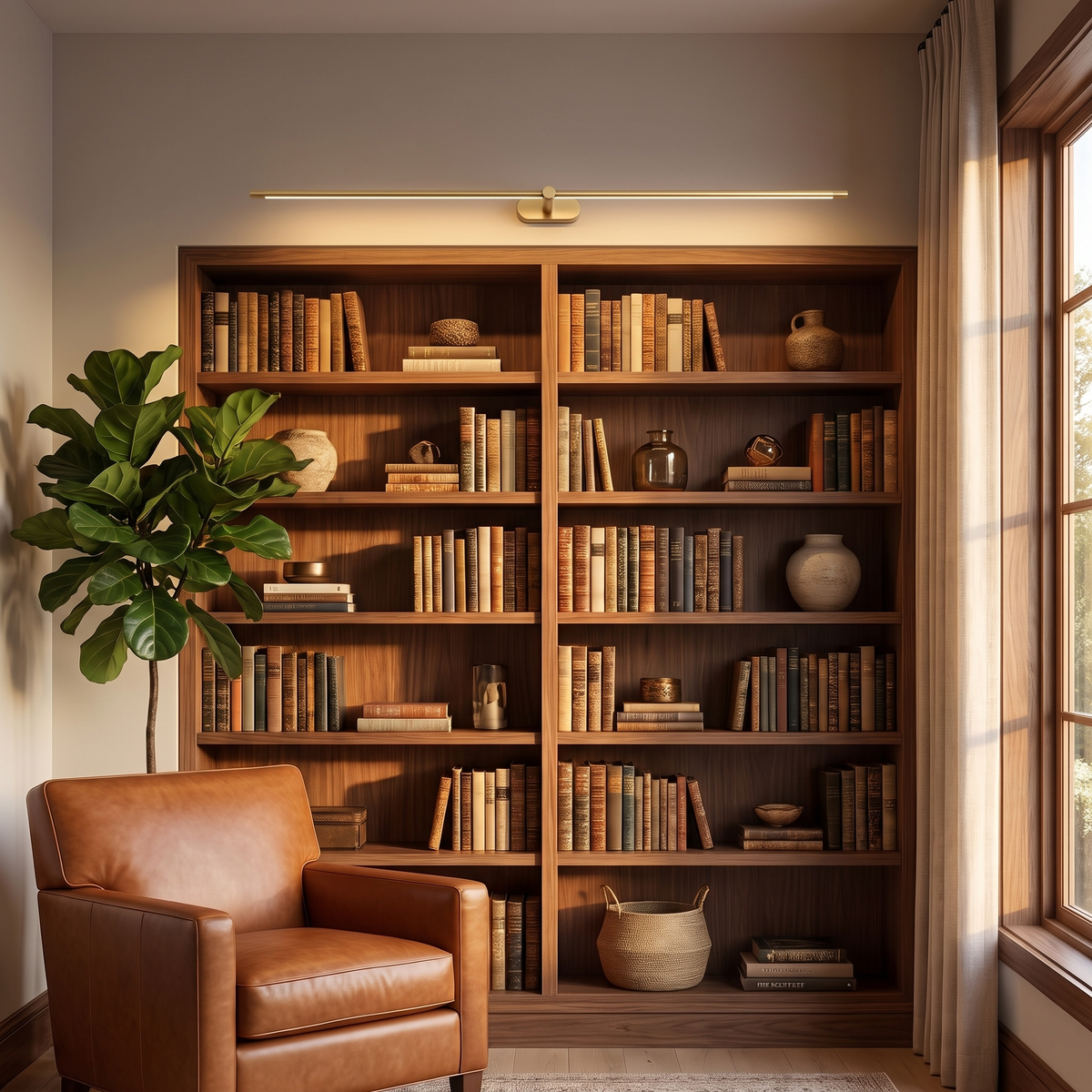 Gold cordless LED light above walnut bookshelves in a home library