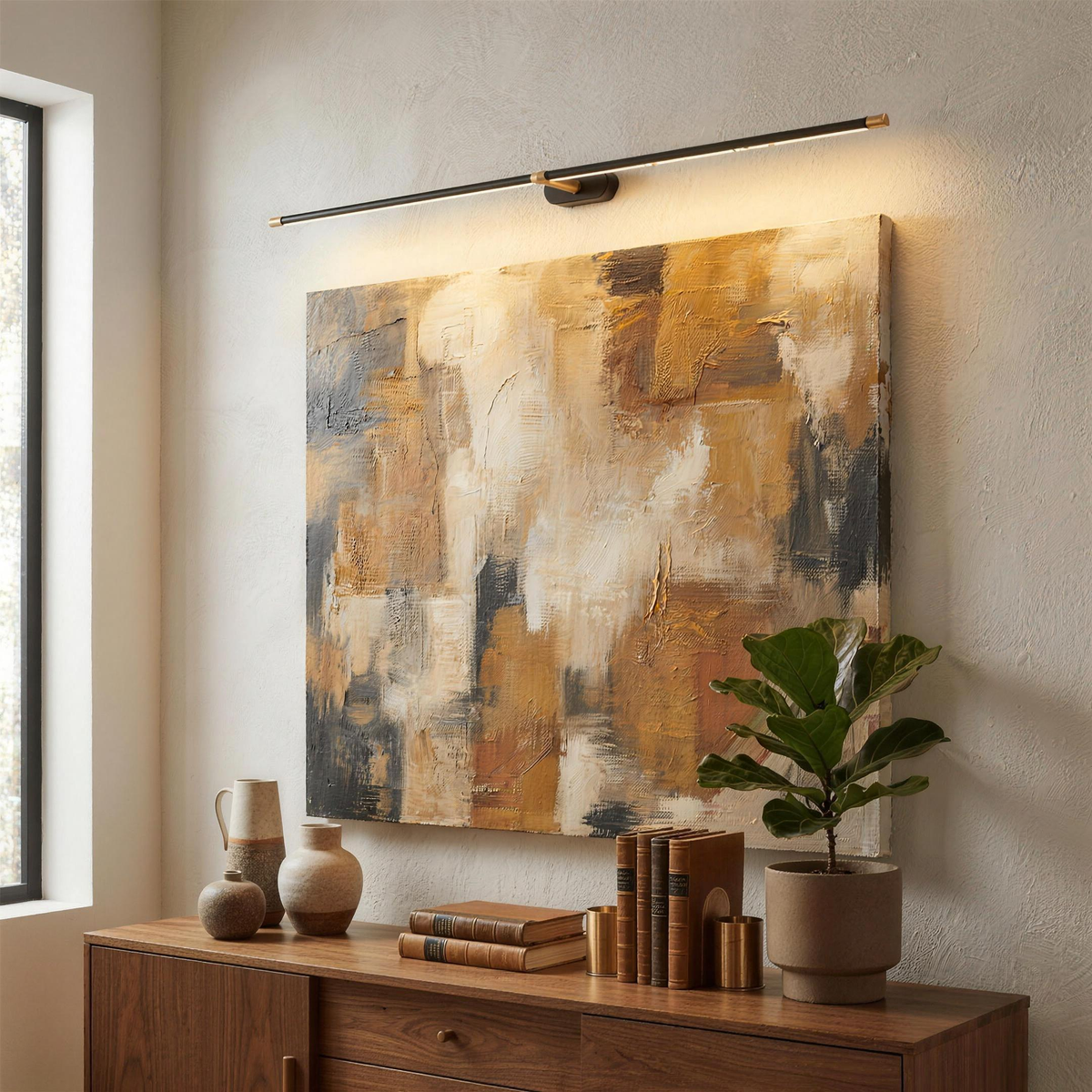 Black and gold LED picture light above gold abstract art and a walnut sideboard