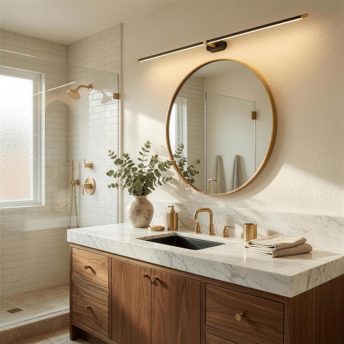 Cordless LED wall light above a round mirror in a marble bathroom
