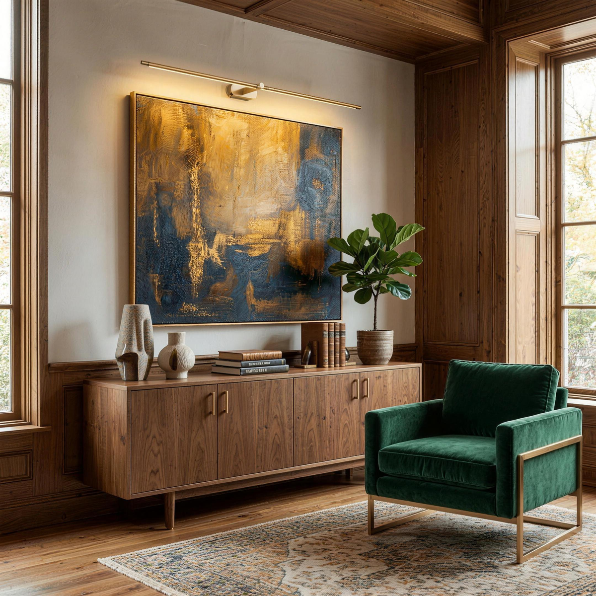 Gold picture light over abstract art beside a green velvet armchair