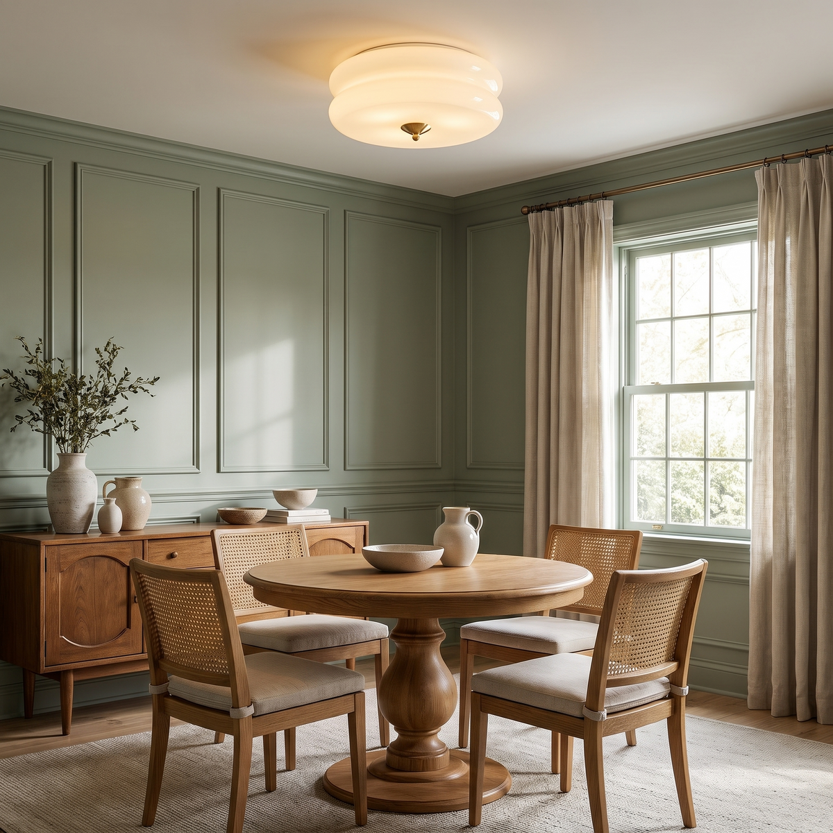 White ribbed glass ceiling light above a round oak dining table