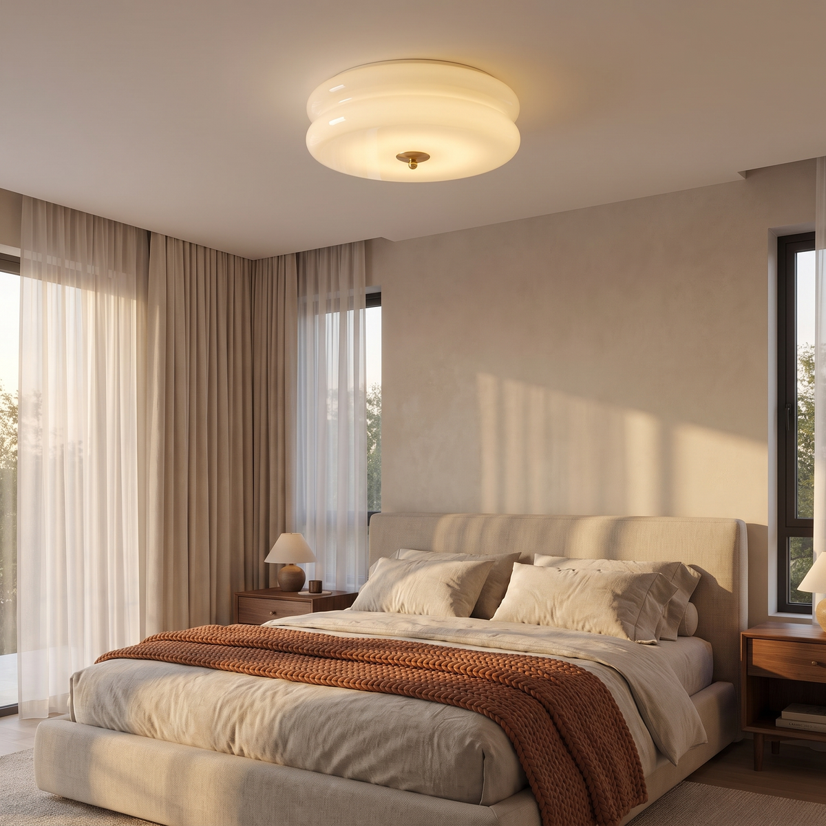 Beige ribbed glass flush mount ceiling light glowing above a serene bedroom