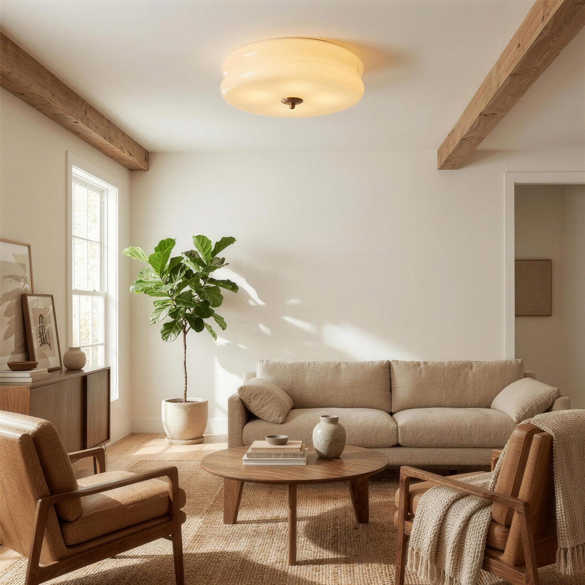 Ribbed glass ceiling light in a lounge with exposed wooden beams