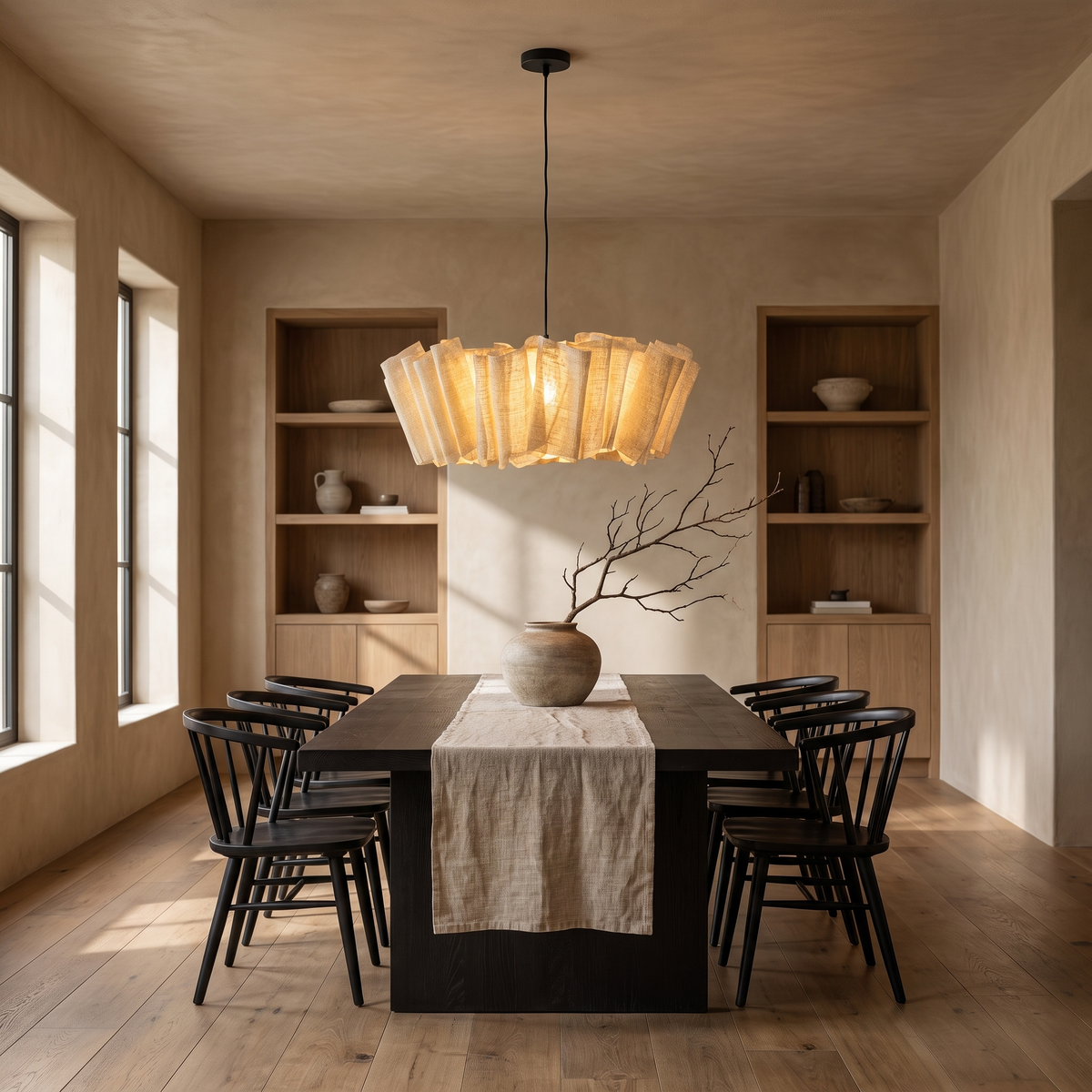 Woven abaca pendant light on a black cord above a Japandi oak dining table