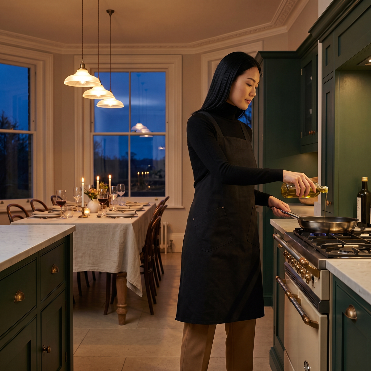 Woman in the black apron cooking at dusk before a candlelit dinner party