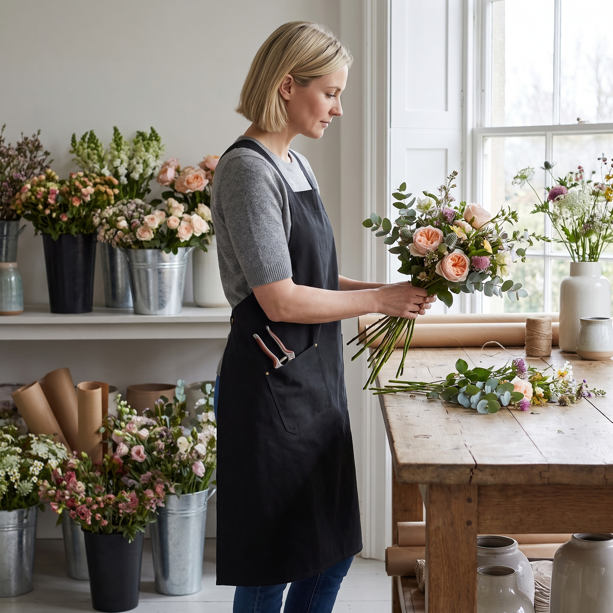 Florist in the black apron arranging roses with snips in the hip pocket