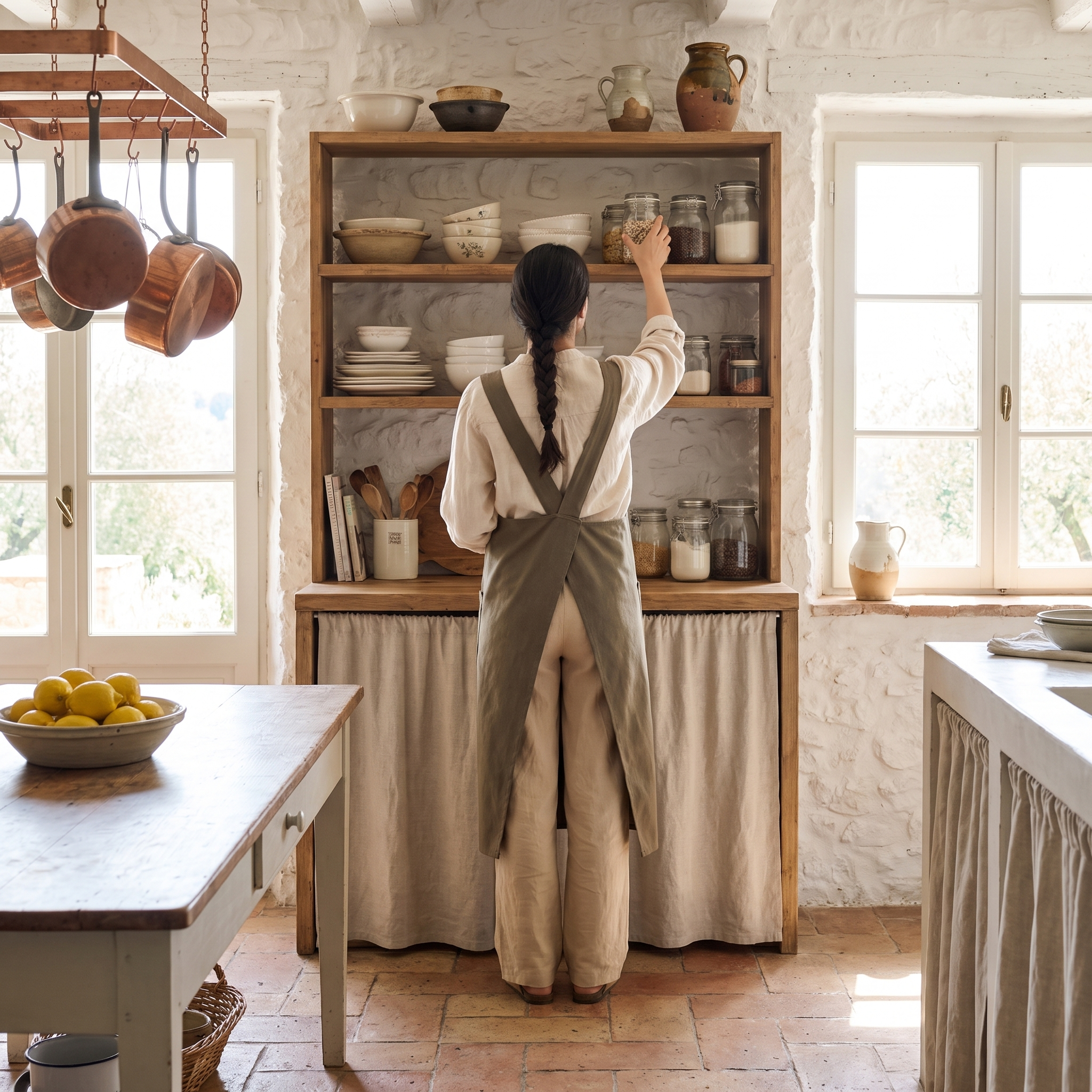 Back view of the olive apron showing the crossed straps and open back