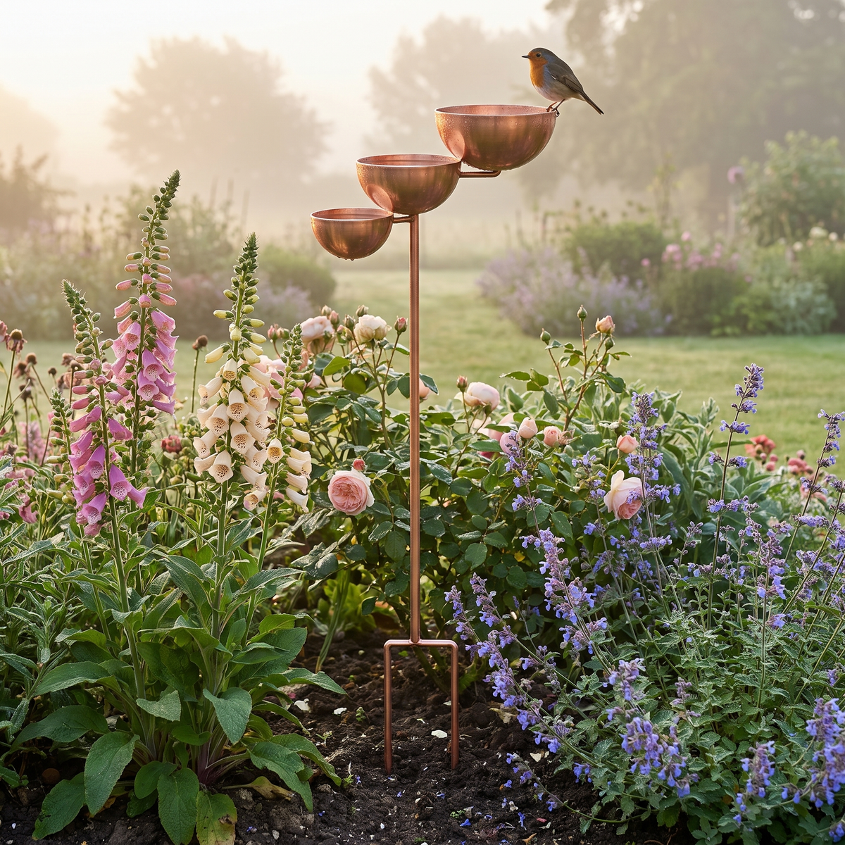 Copper Cascata Serena bird bath in a cottage flower border with a robin at dawn