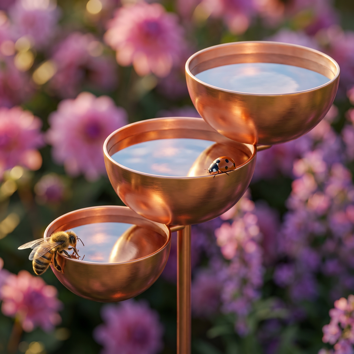 Close-up of the three copper bowls with a honeybee and ladybird