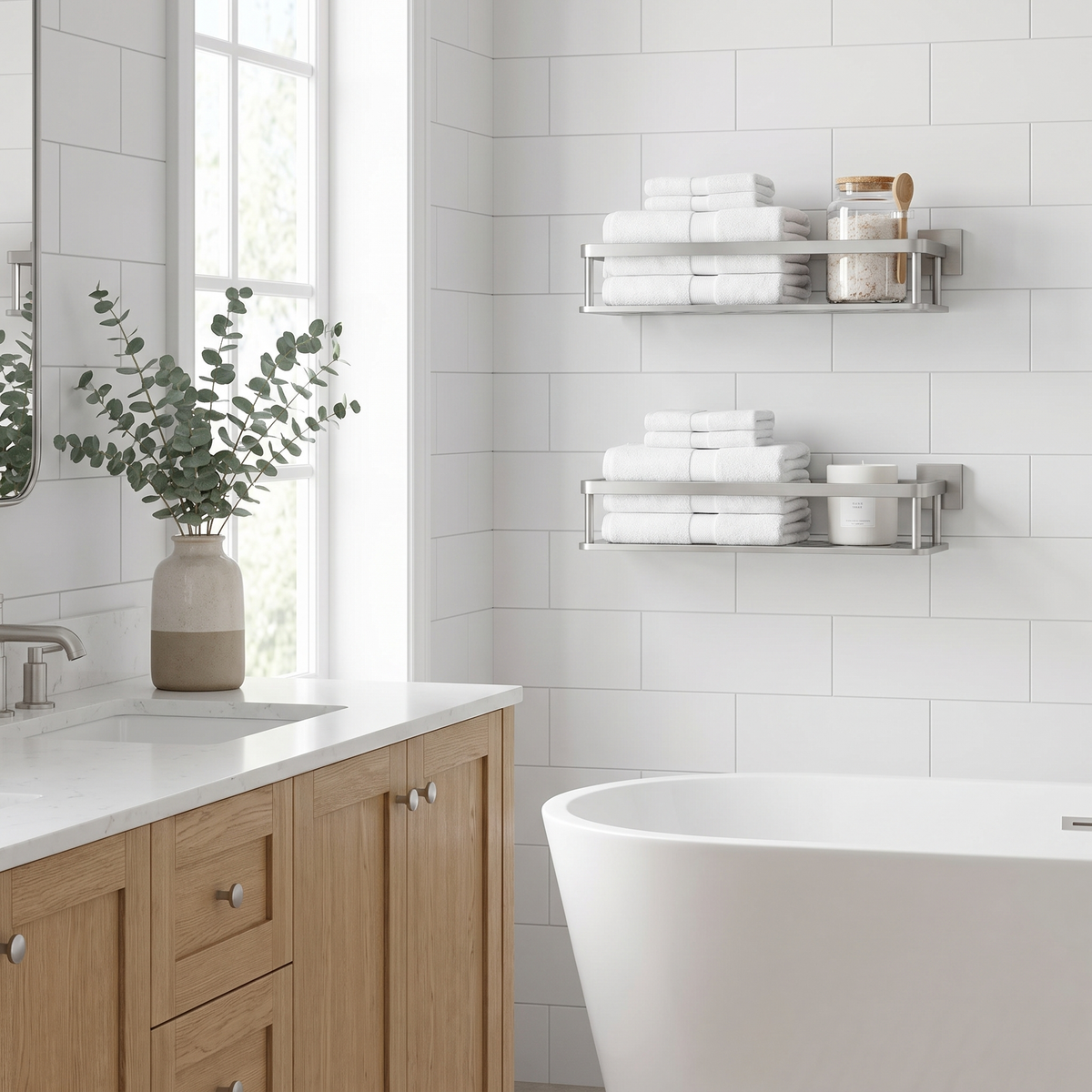 Two brushed silver Sospesa shelves with towels above a bathtub in a bright Scandinavian bathroom