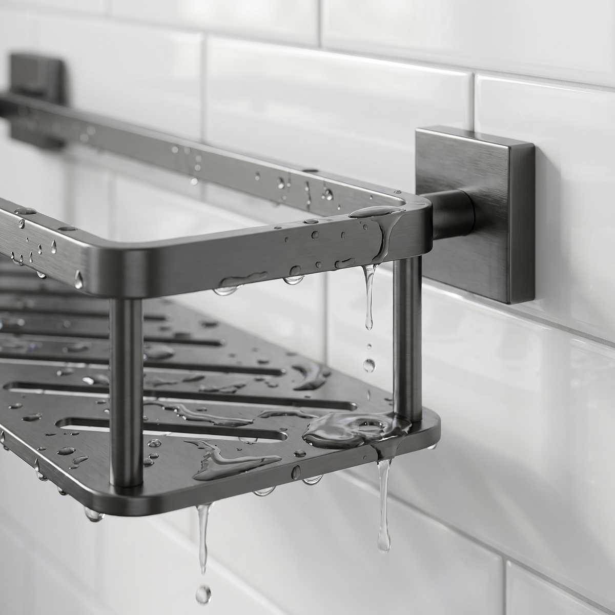 Close-up of the square end mount and slotted draining base with water droplets