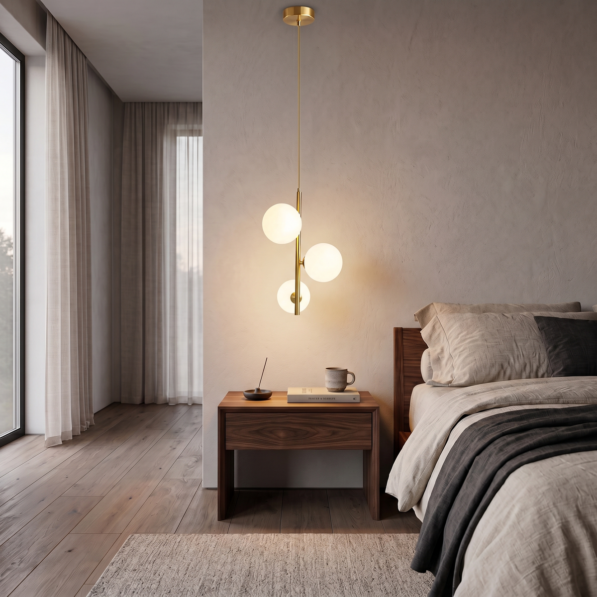 Brass Perla Opal Globe Pendant over a nightstand beside a bed