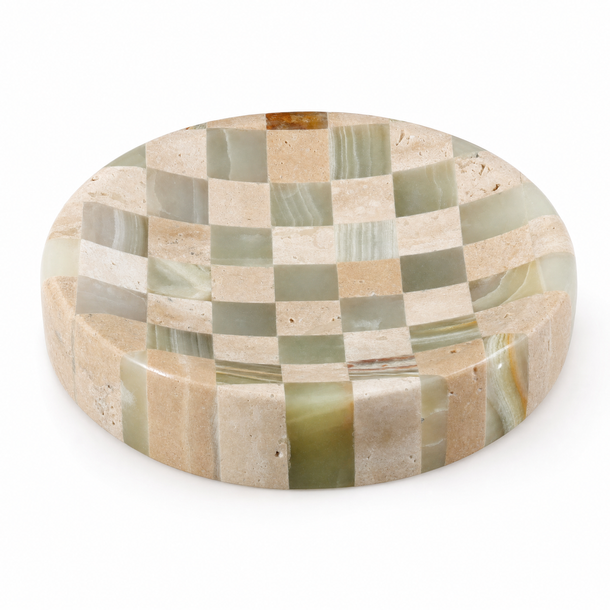 Olvera checkered travertine and green onyx trinket dish, side angle on white