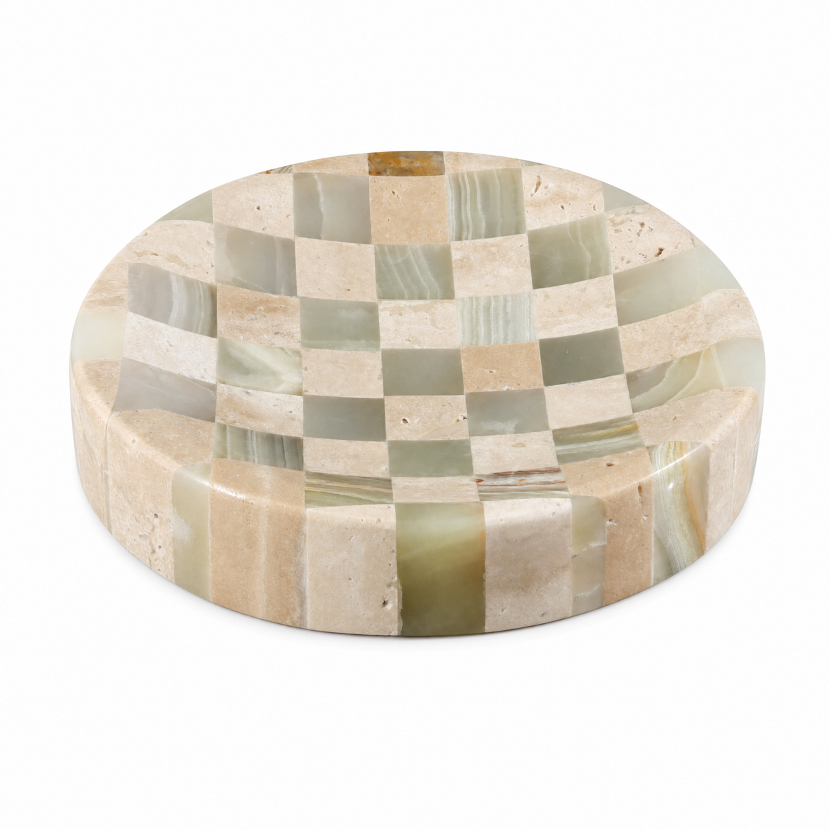 Olvera checkered travertine and green onyx trinket dish on white