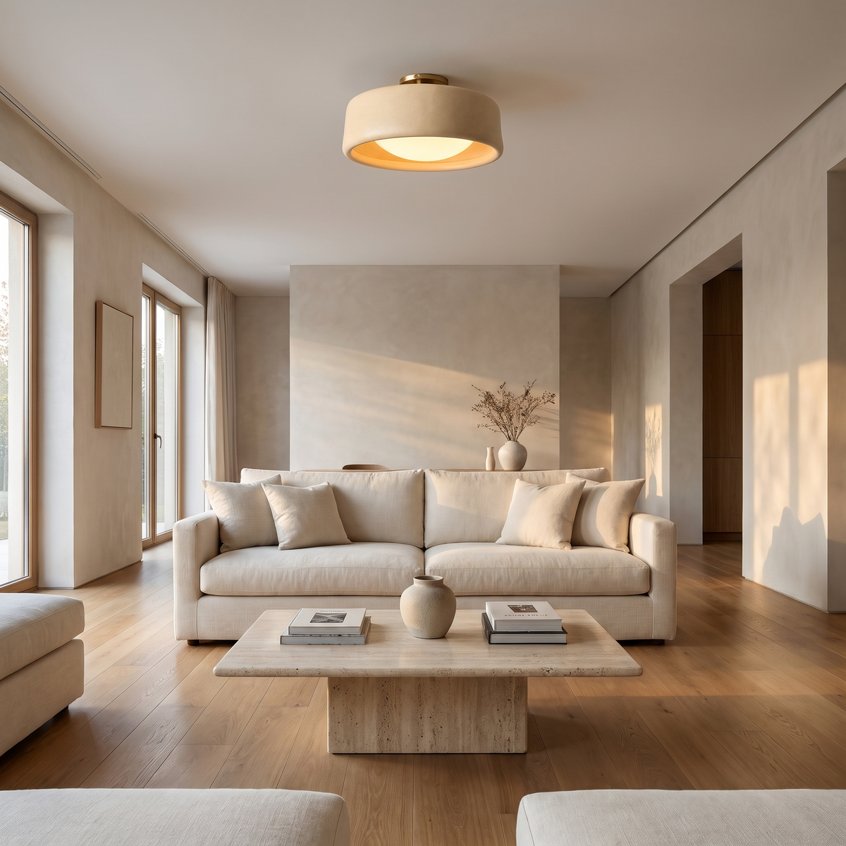 Toast porcelain semi-flush ceiling light glowing above a modern Italian living room
