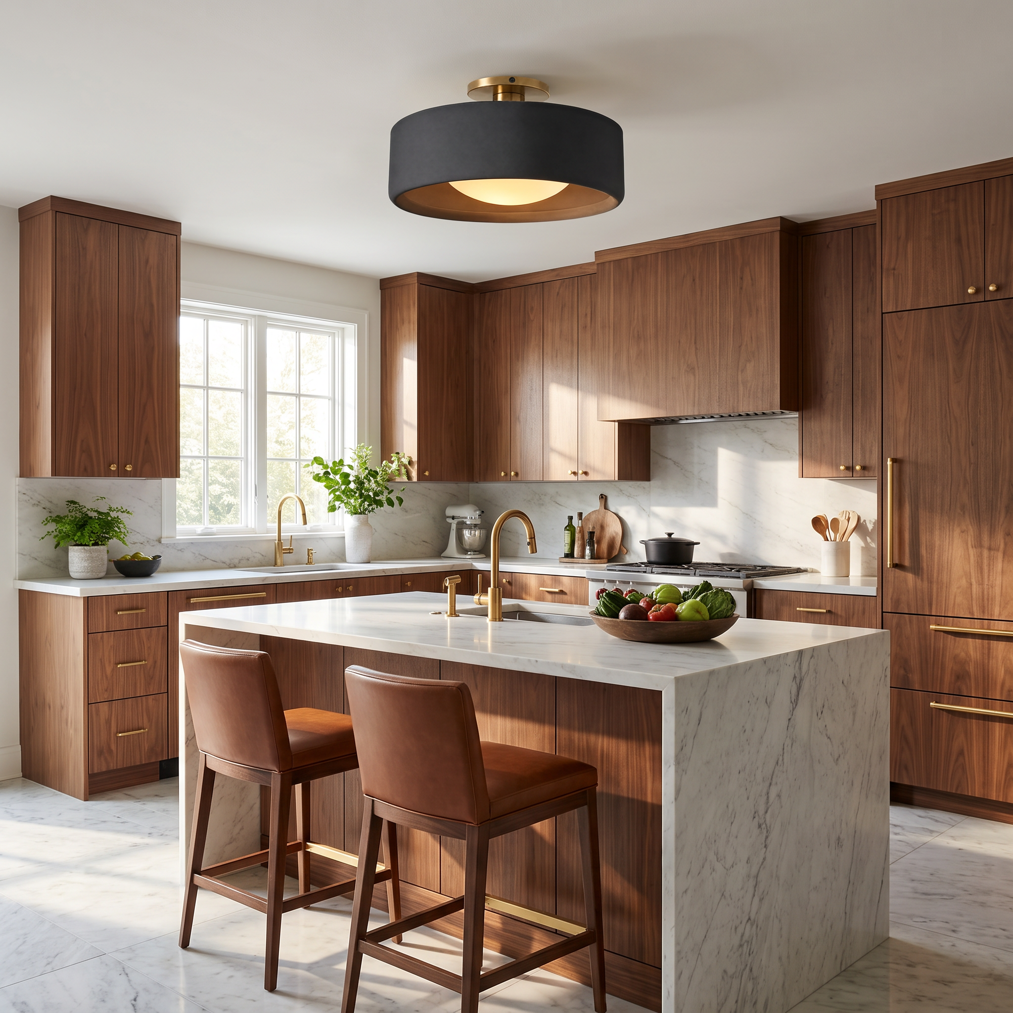 Black porcelain semi-flush ceiling light in a walnut and marble kitchen