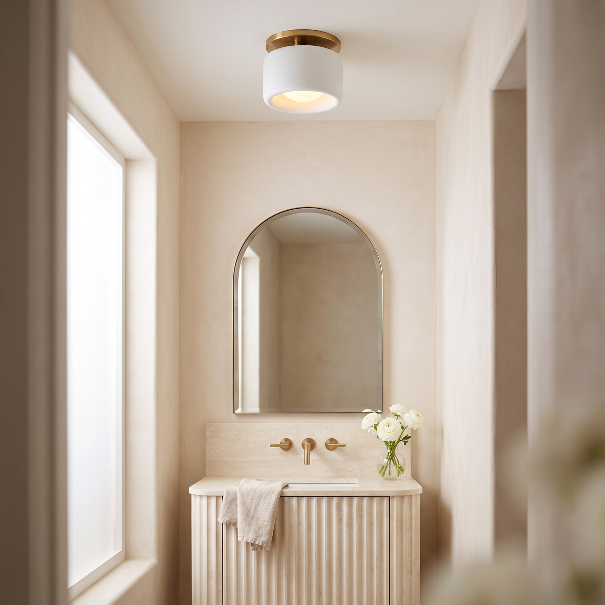 Petite white porcelain semi-flush ceiling light in an elegant powder room