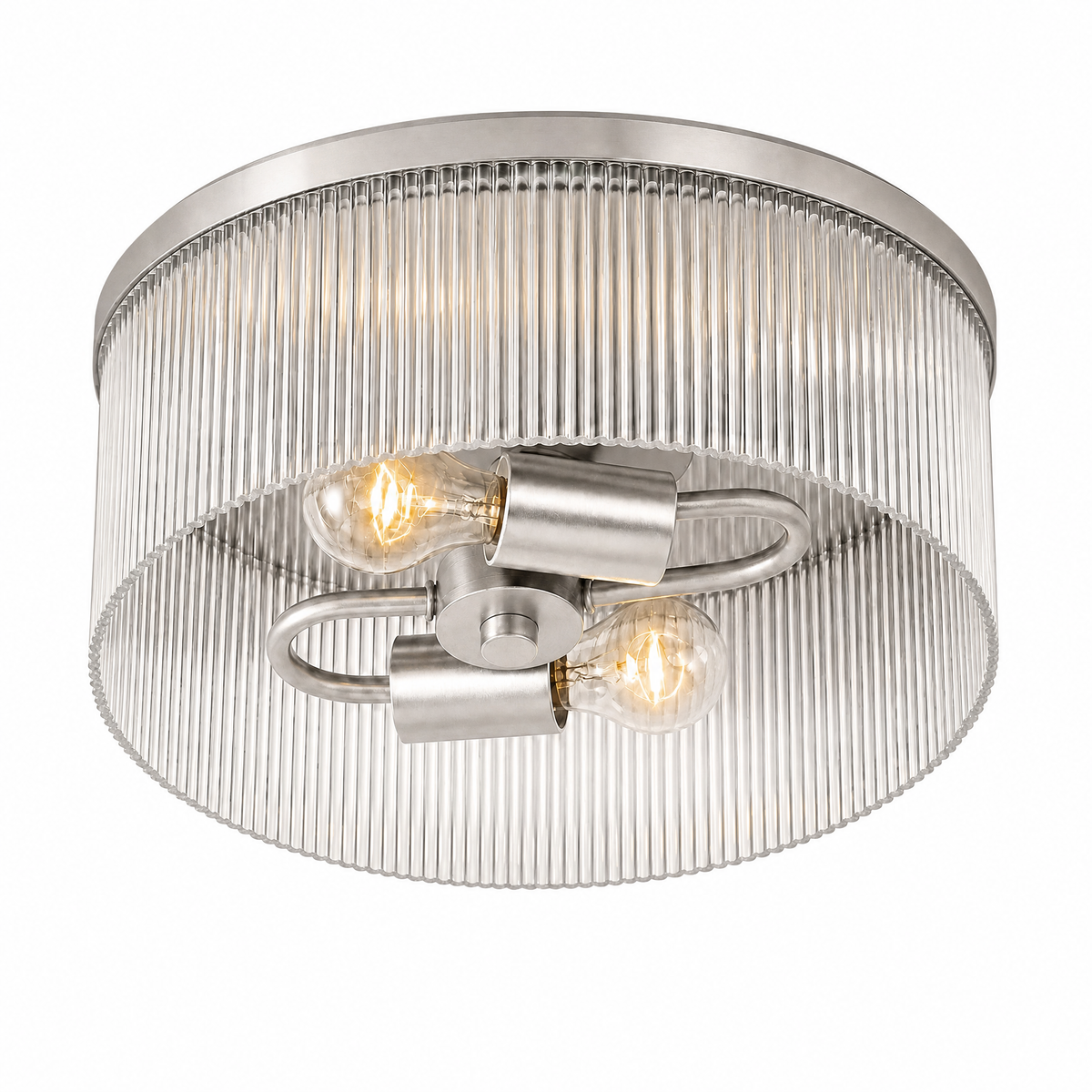 Underside of the Polished Nickel ribbed glass flush mount showing two E26 bulb holders