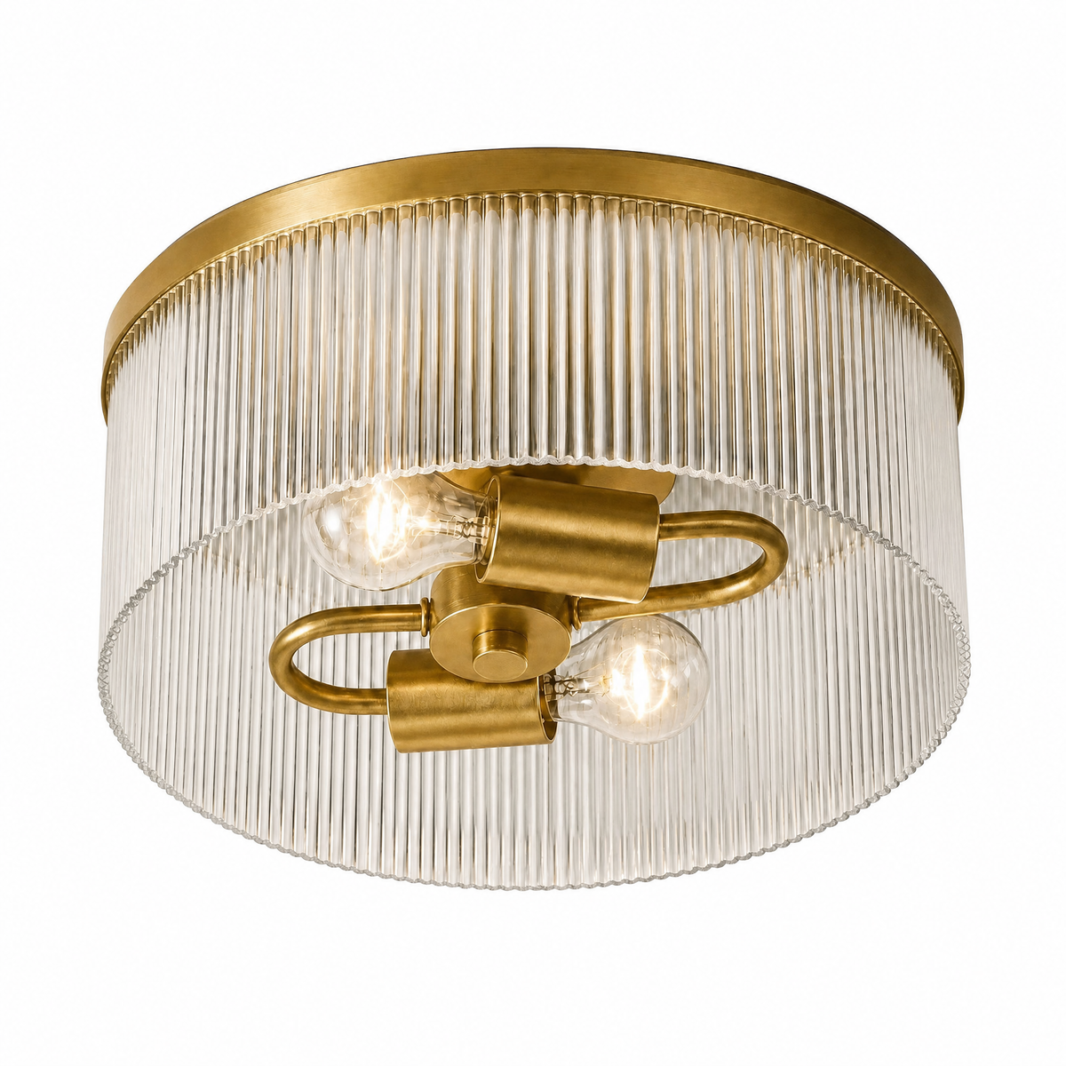 Underside of the Tumbled Brass ribbed glass flush mount showing two E26 bulb holders
