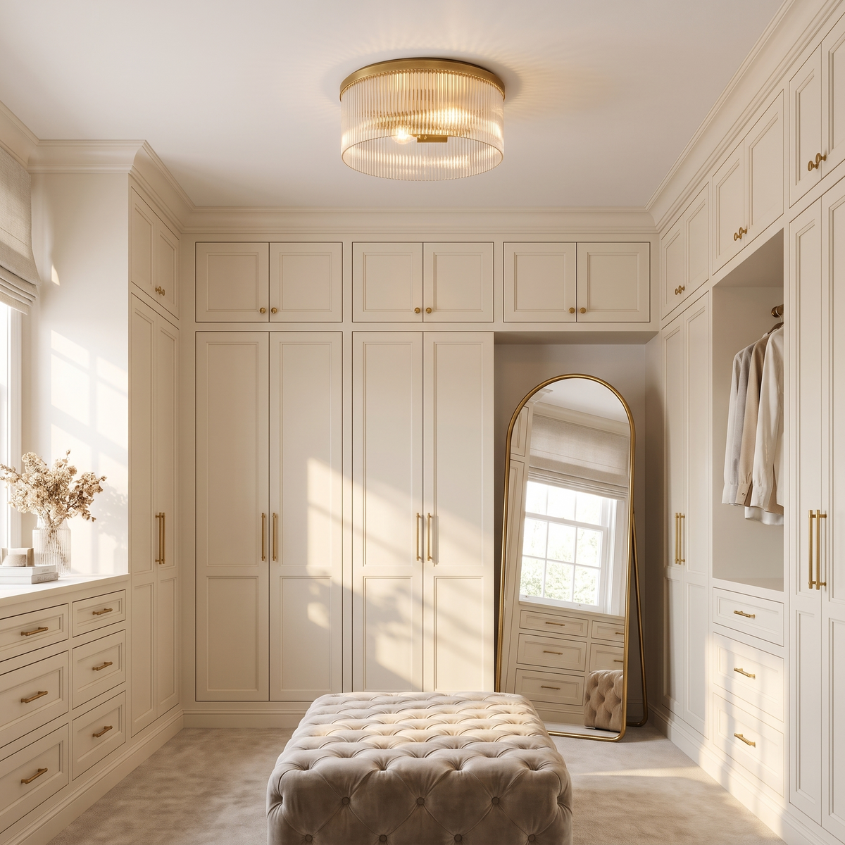 Tumbled brass ribbed glass flush mount glowing in a cream dressing room