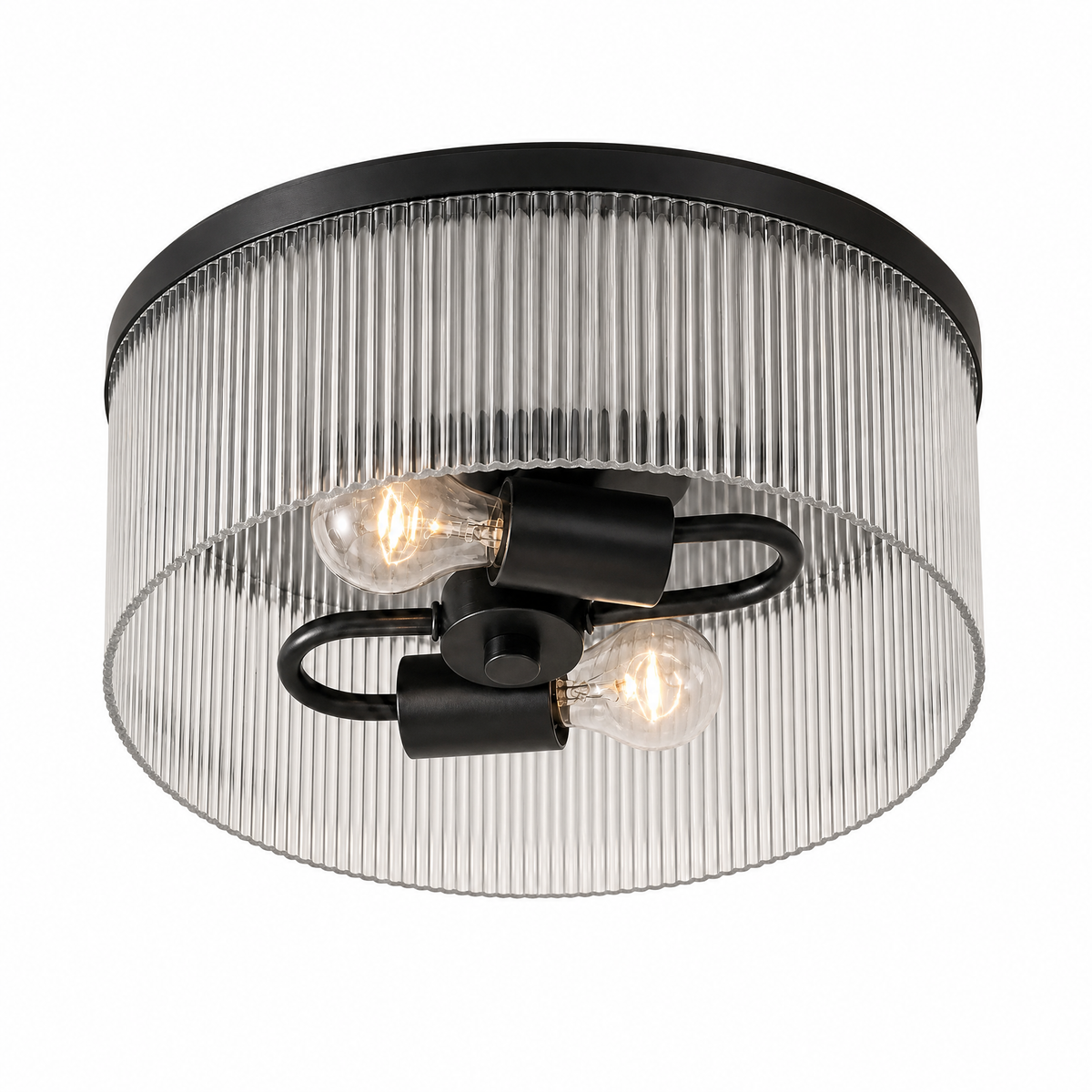 Underside of the Black ribbed glass flush mount showing two E26 bulb holders