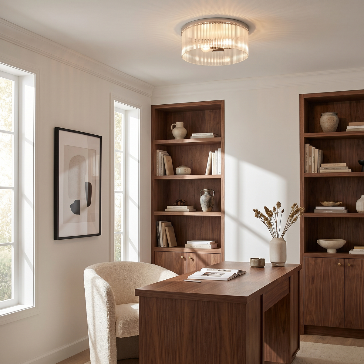 Polished nickel ribbed glass flush mount above a walnut desk in a home office