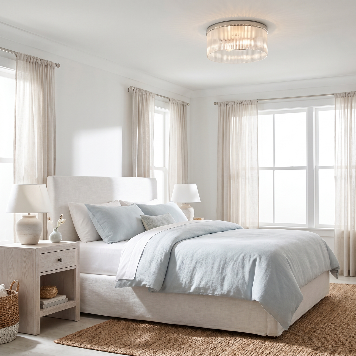 Polished nickel ribbed glass flush mount in a serene coastal bedroom