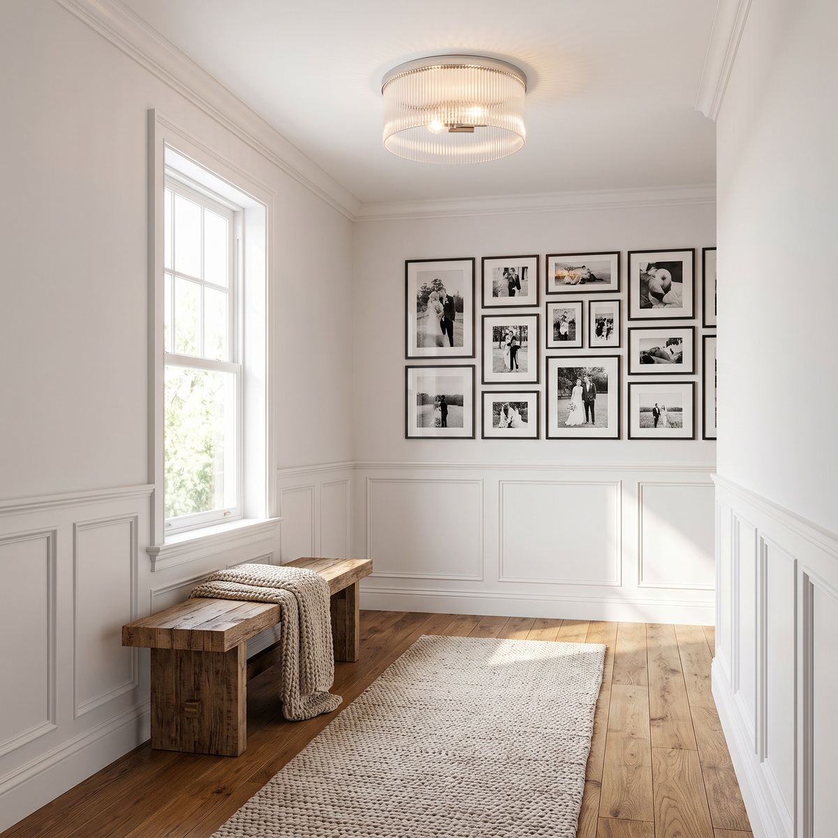 Polished nickel ribbed glass flush mount on an upstairs landing with a photo gallery wall