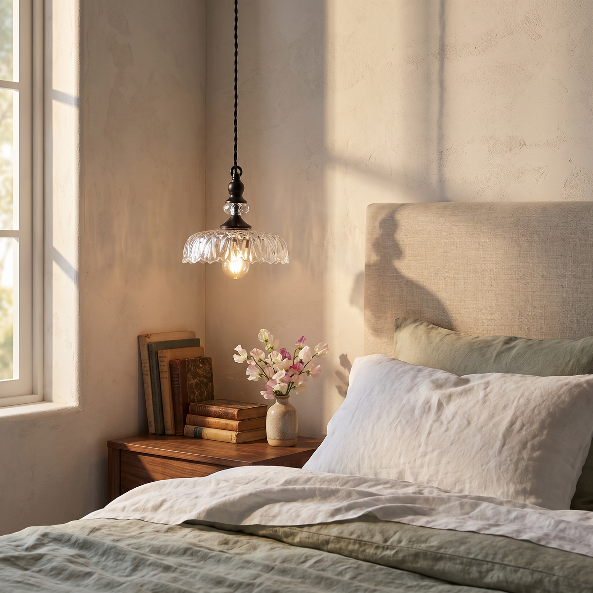 Clear glass flower pendant hanging low as a bedside light at golden hour
