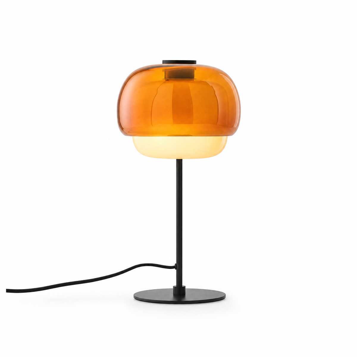 Doppio Bagliore double-dome glass table lamp in Orange, lit, on white