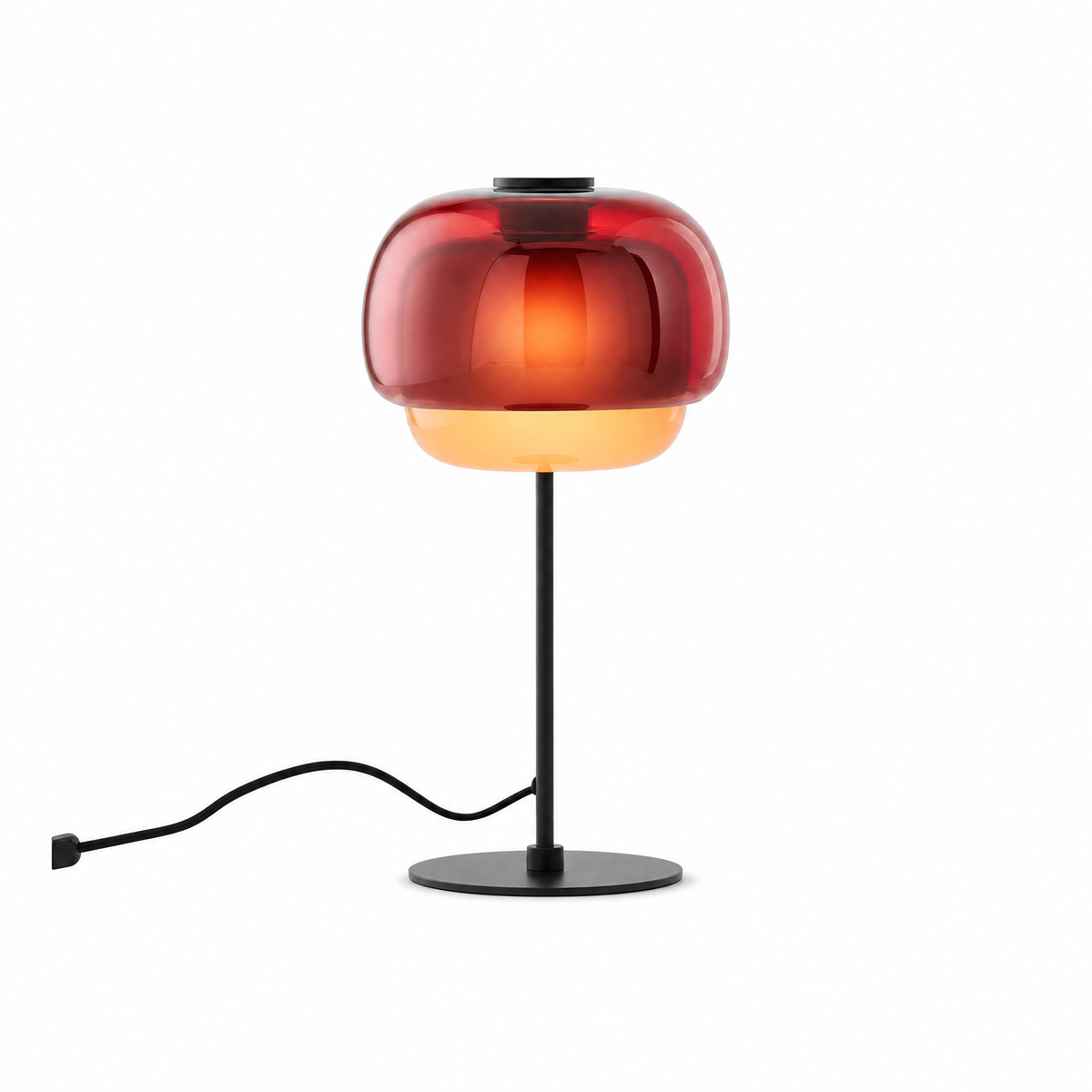 Doppio Bagliore double-dome glass table lamp in Burgundy, lit, on white