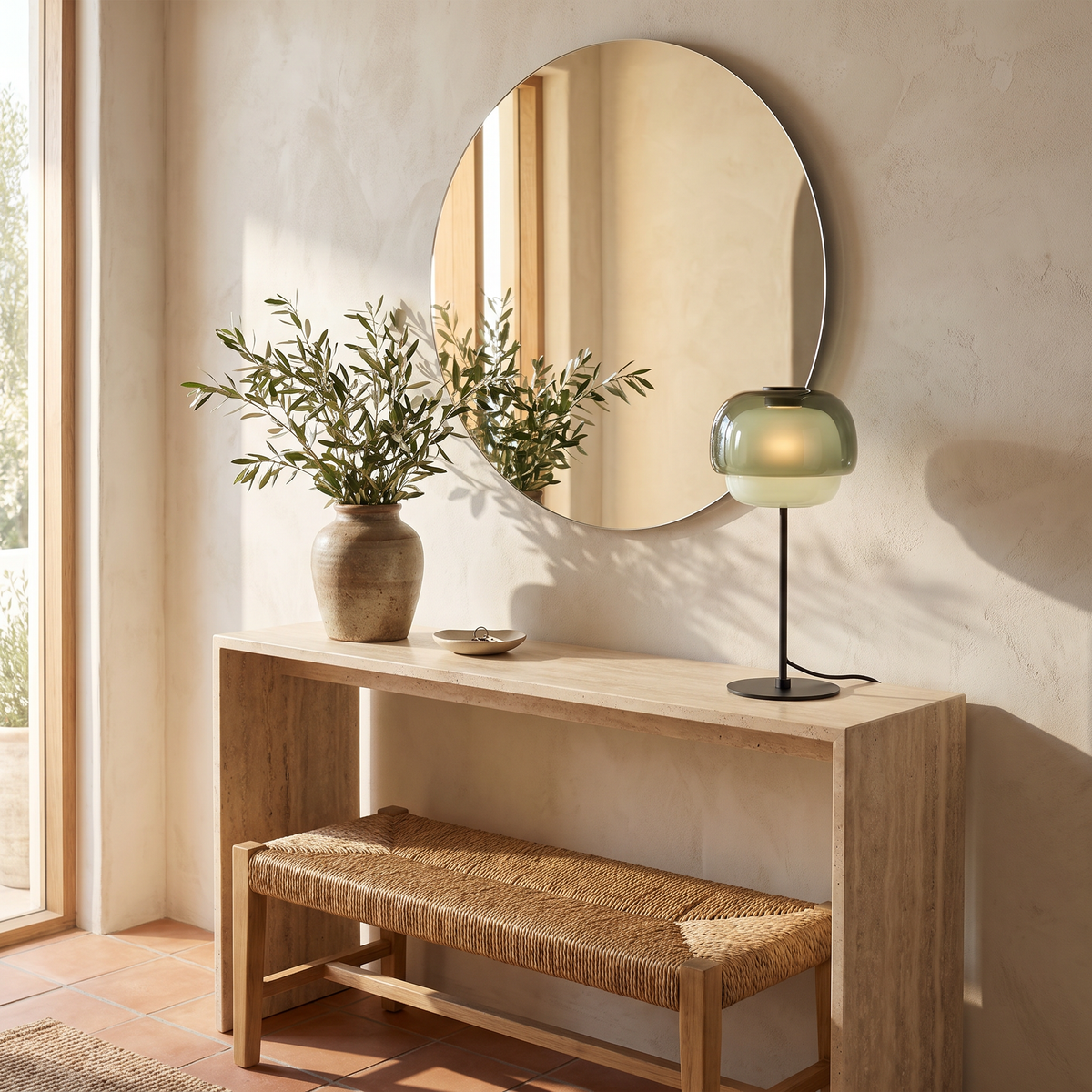 Gray green double-dome glass table lamp on a travertine entryway console beneath a round mirror