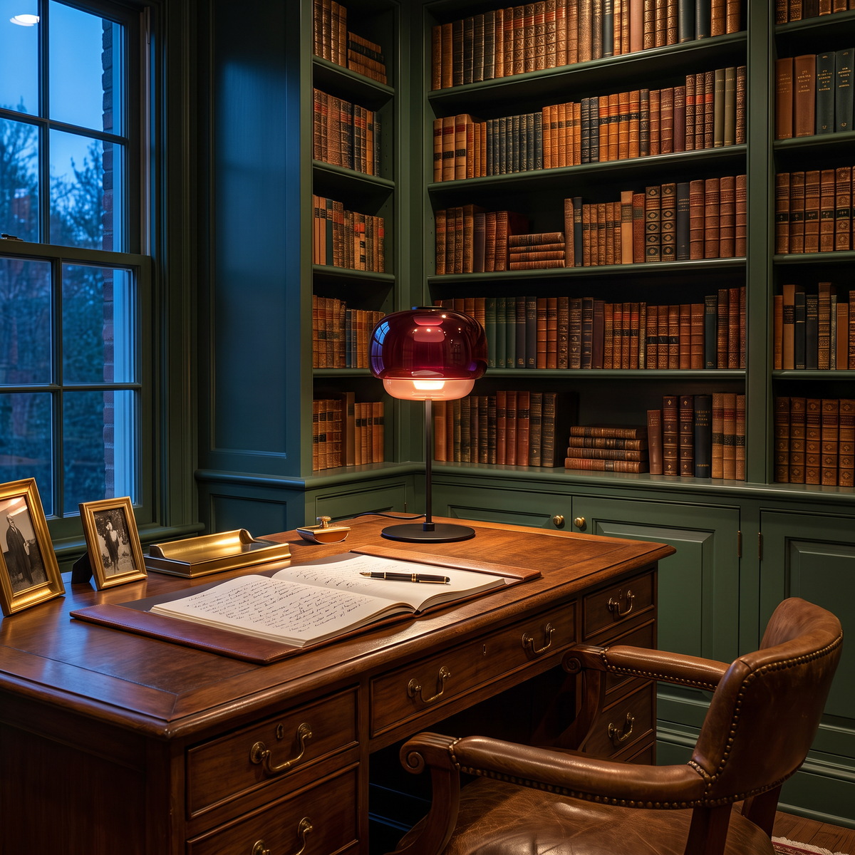 Burgundy double-dome glass table lamp on a walnut writing desk in a green home library