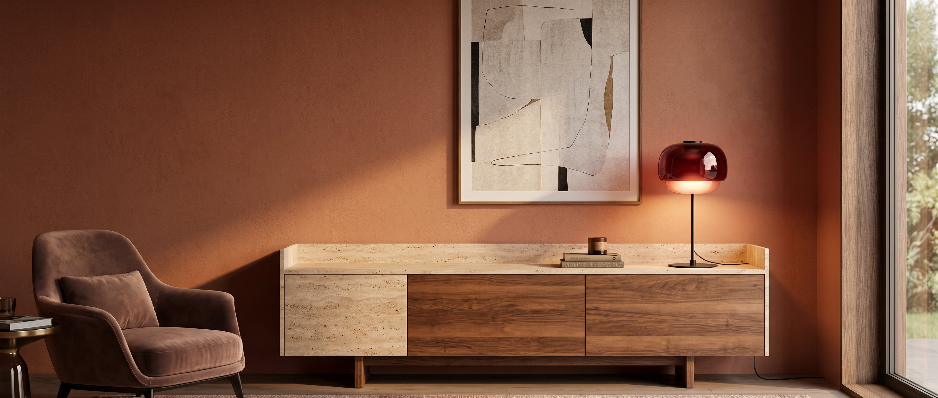 Burgundy double-dome glass table lamp glowing on a travertine and walnut credenza against a terracotta wall