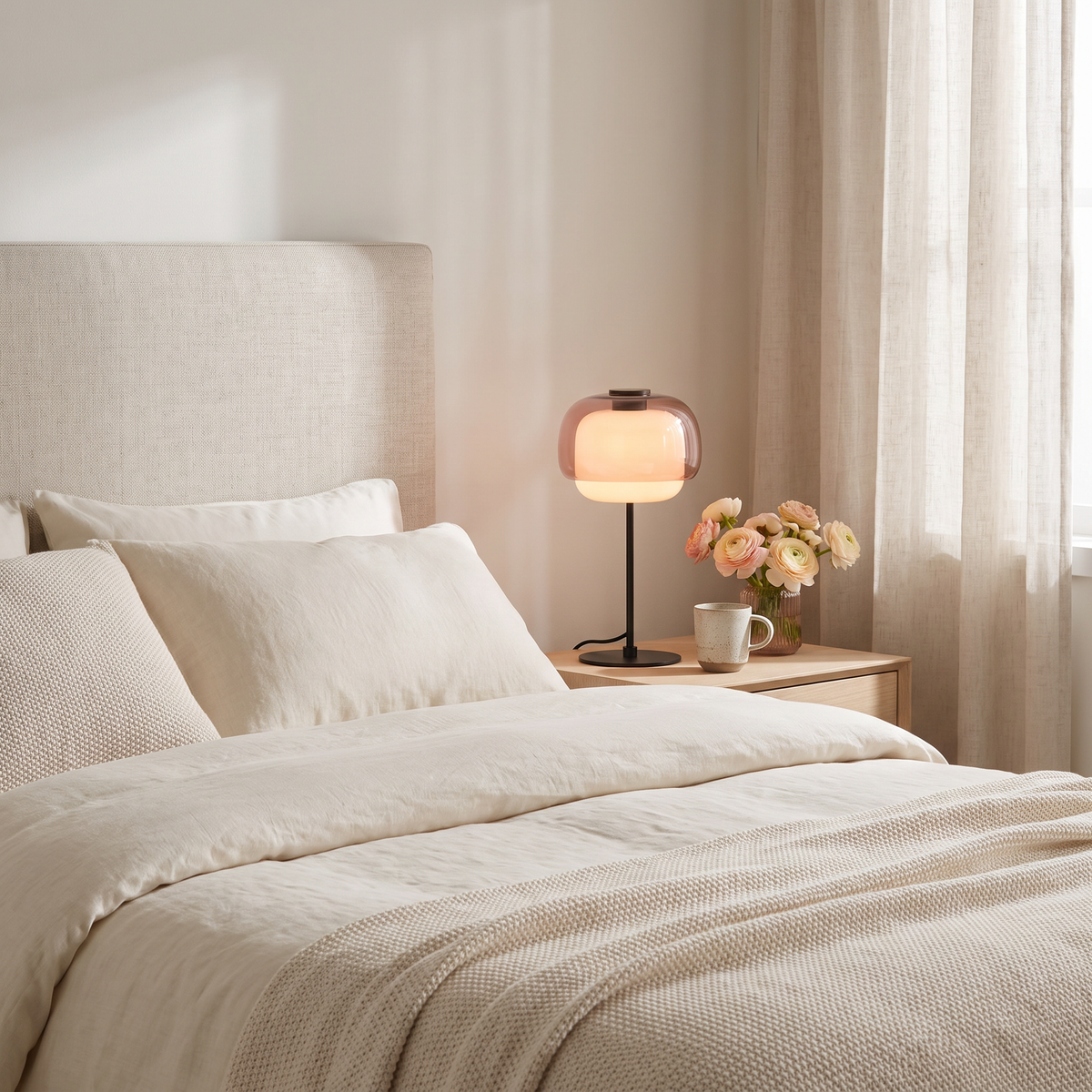 Blush double-dome glass table lamp on an oak nightstand in a serene linen bedroom