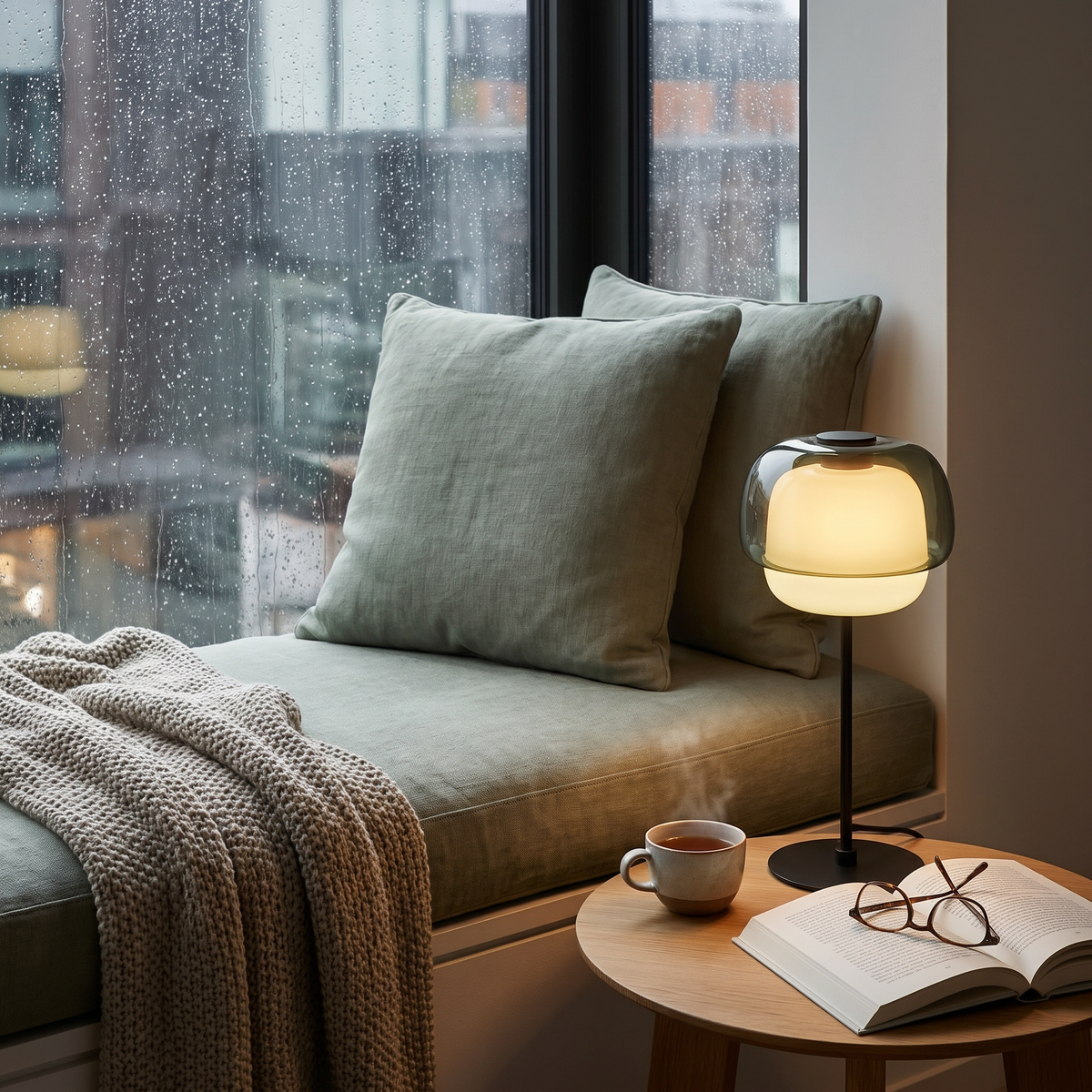 Gray green double-dome glass table lamp lighting a cozy window-seat reading nook on a rainy evening