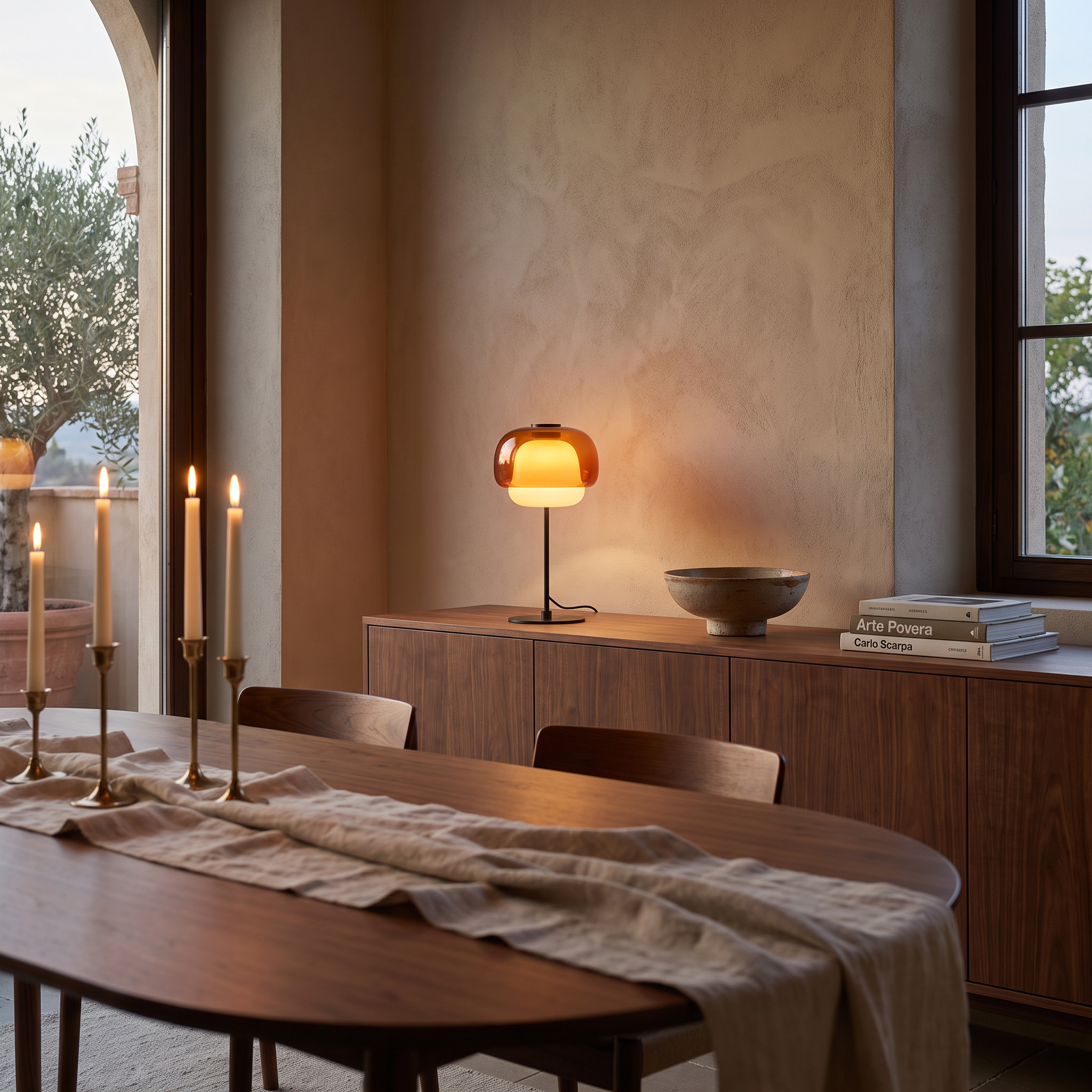 Orange double-dome glass table lamp glowing on a walnut sideboard in an Italian dining room at dusk
