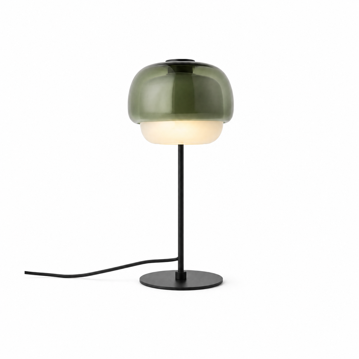 Doppio Bagliore double-dome glass table lamp in Gray Green, lit, on white
