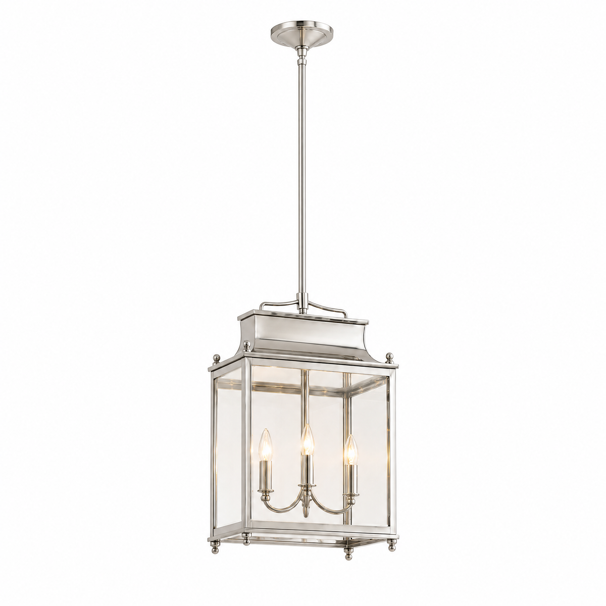 Villa Serale glass lantern pendant light in Polished Nickel, lit, on white