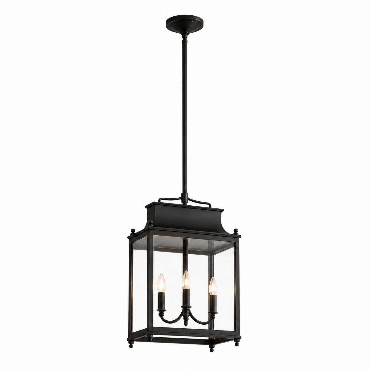 Villa Serale glass lantern pendant light in Oil Bronze, lit, on white